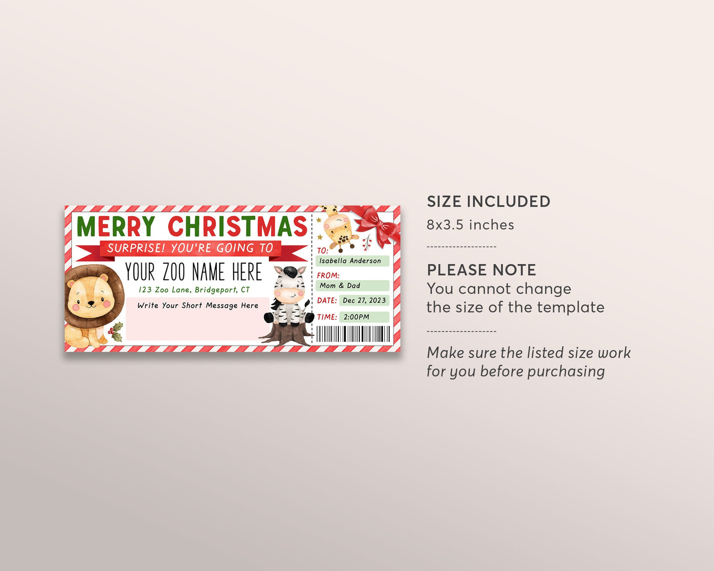 Zoo Ticket Editable Template, Surprise Christmas Gift For Kids, Zoo Membership Holiday Present, Safari Day Trip Animal Park Gift Certificate