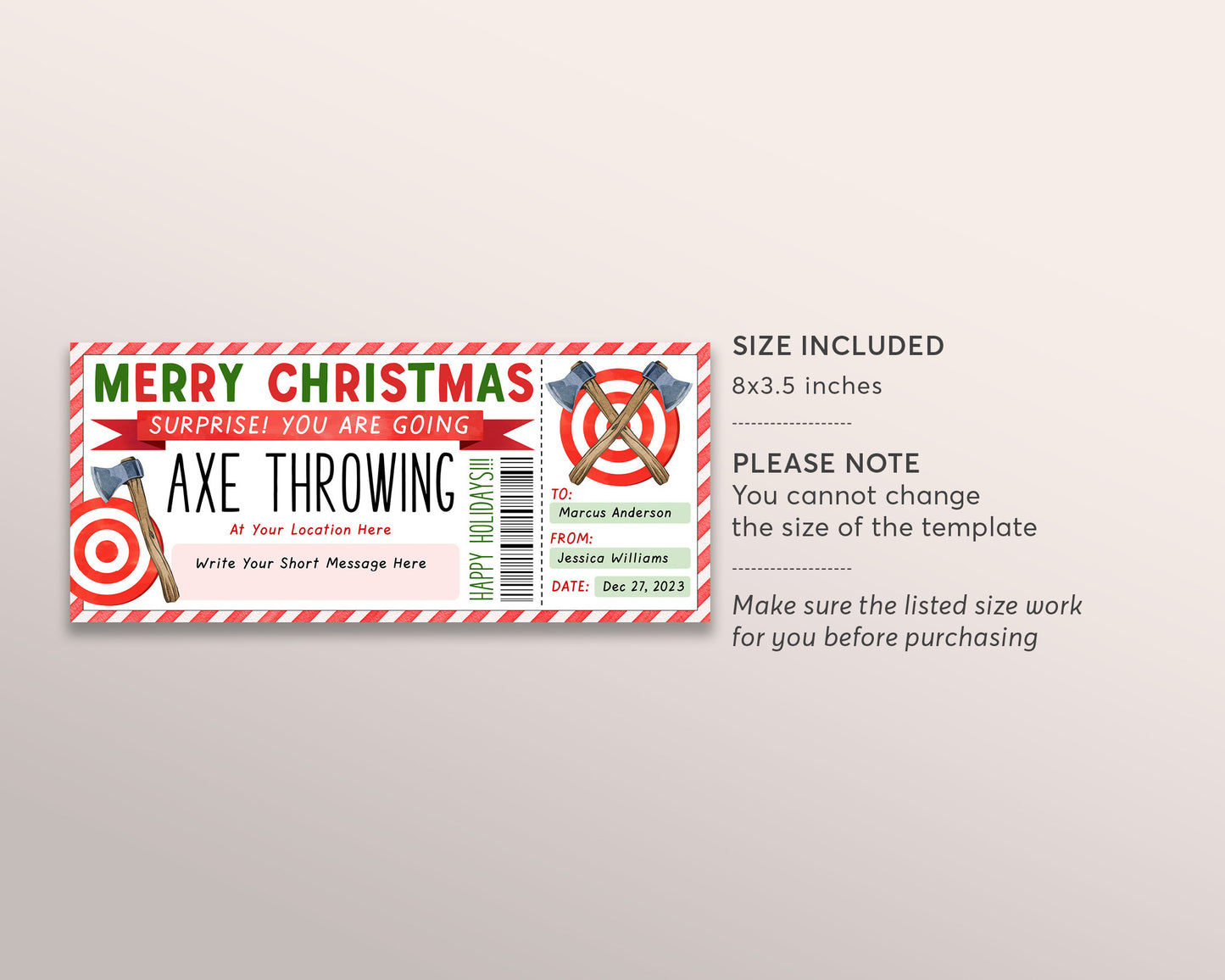 Christmas Axe Throwing Gift Certificate Ticket Editable Template, Surprise Hatchet Throwing Experience Gift Voucher Holiday Coupon Printable