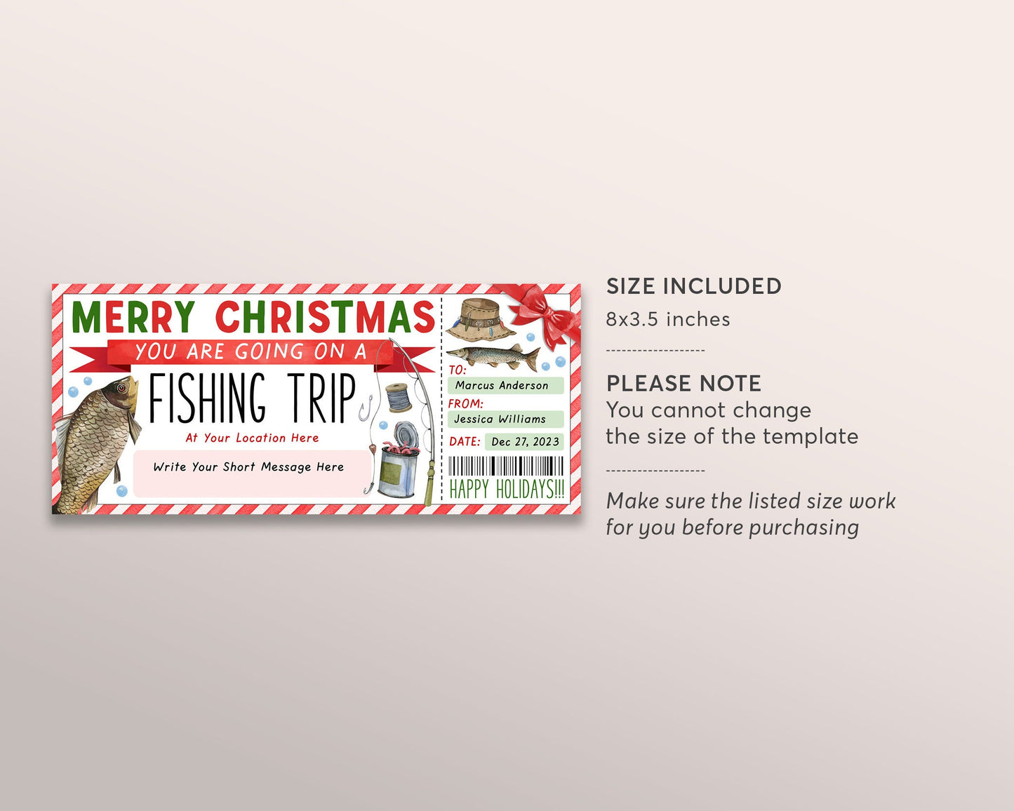 Christmas Fishing Trip Ticket Editable Template, Surprise Fishing Trip Reveal Gift Certificate, Fishing Experience Day Trip Voucher Coupon