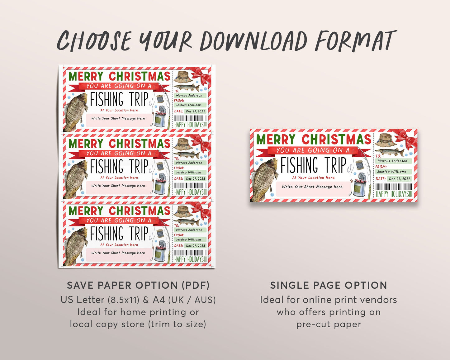 Christmas Fishing Trip Ticket Editable Template, Surprise Fishing Trip Reveal Gift Certificate, Fishing Experience Day Trip Voucher Coupon