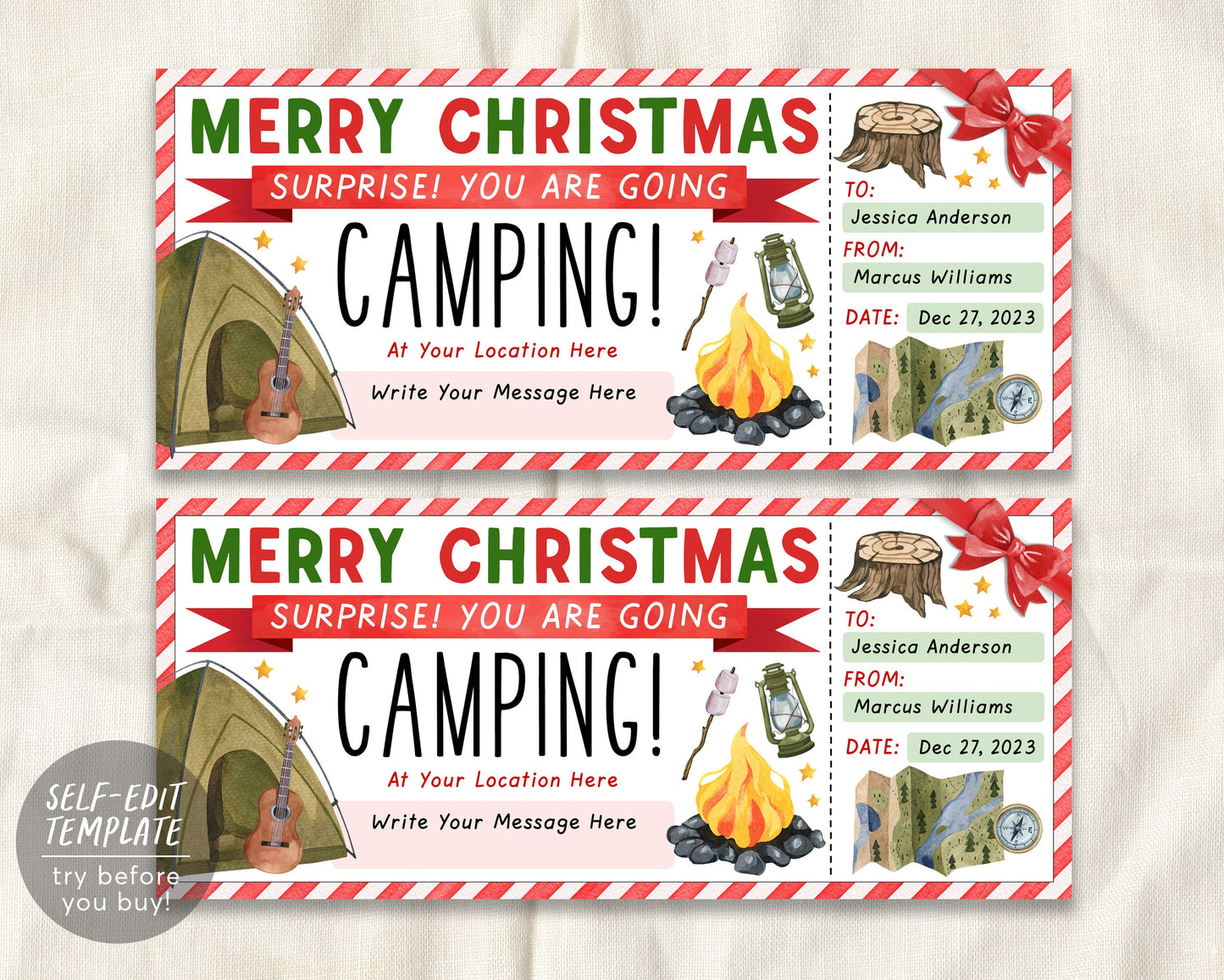 Christmas Camping Trip Ticket Editable Template