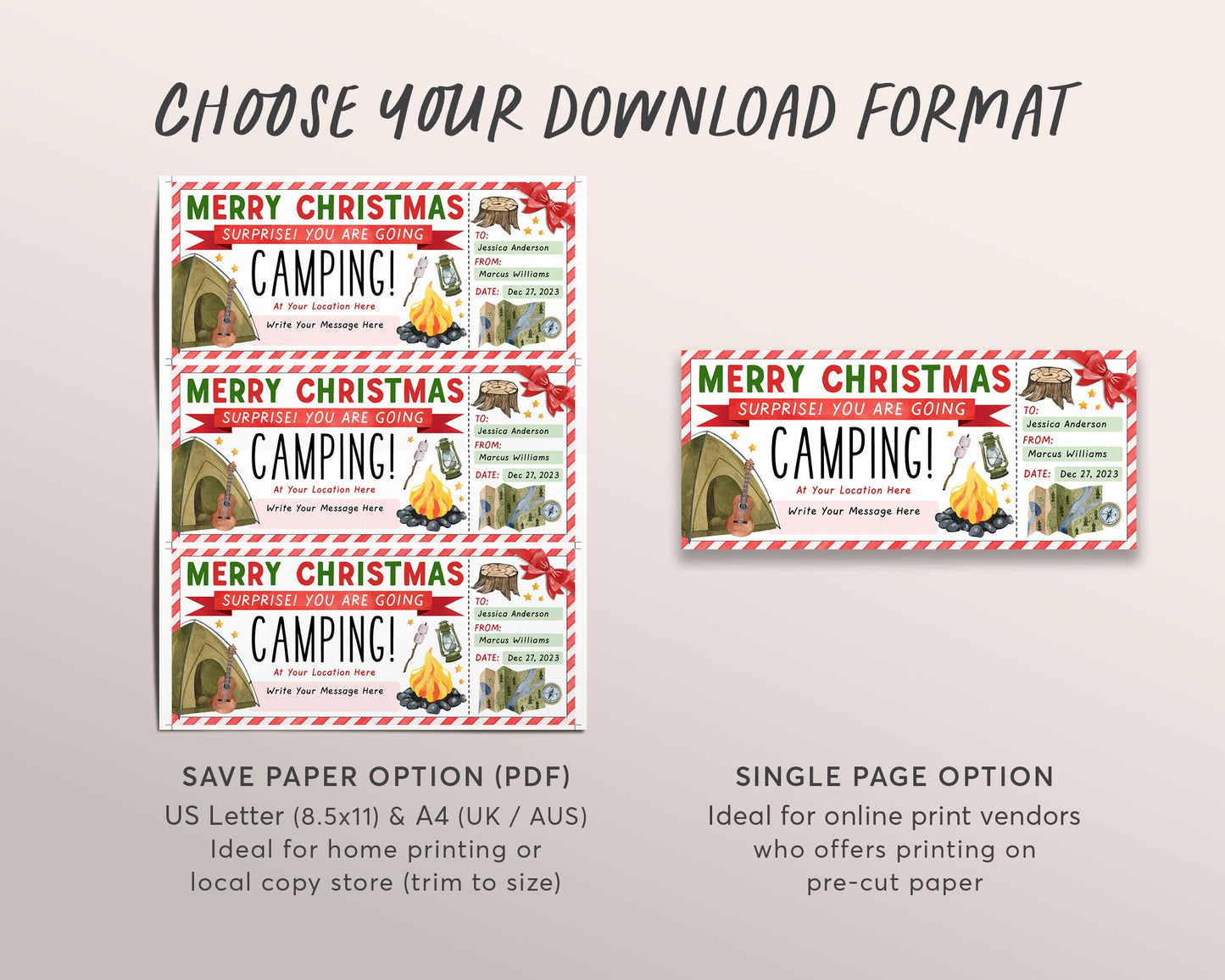 Christmas Camping Trip Ticket Editable Template, Surprise Weekend Trip Reveal Gift Certificate, Wilderness Hiking Experience Voucher Coupon