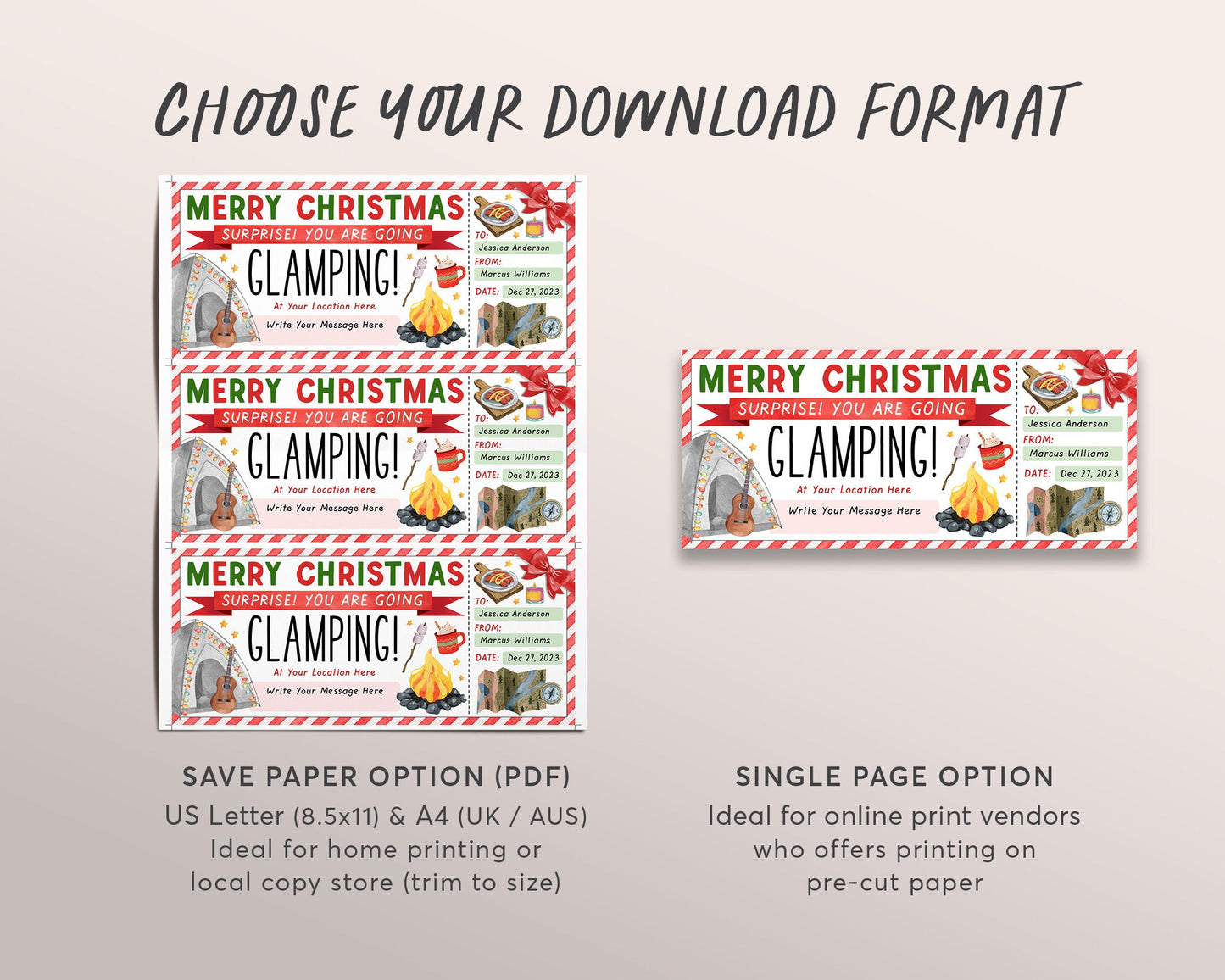 Christmas Glamping Trip Ticket Editable Template, Surprise Glamping Weekend Trip Reveal Gift Certificate Camping Experience Voucher Coupon