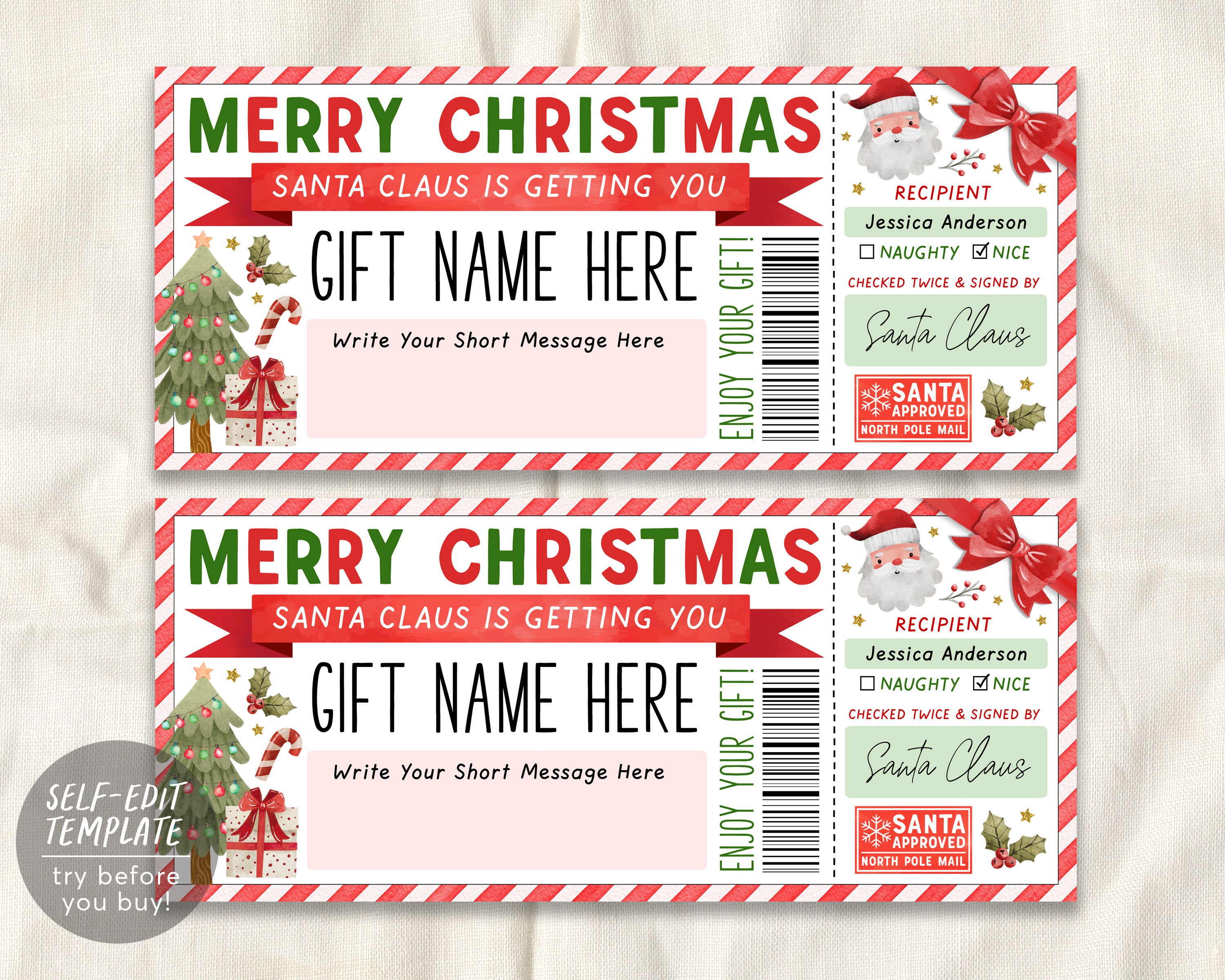 Christmas Santa Gift Voucher Editable Template, Santa Gift Ticket For