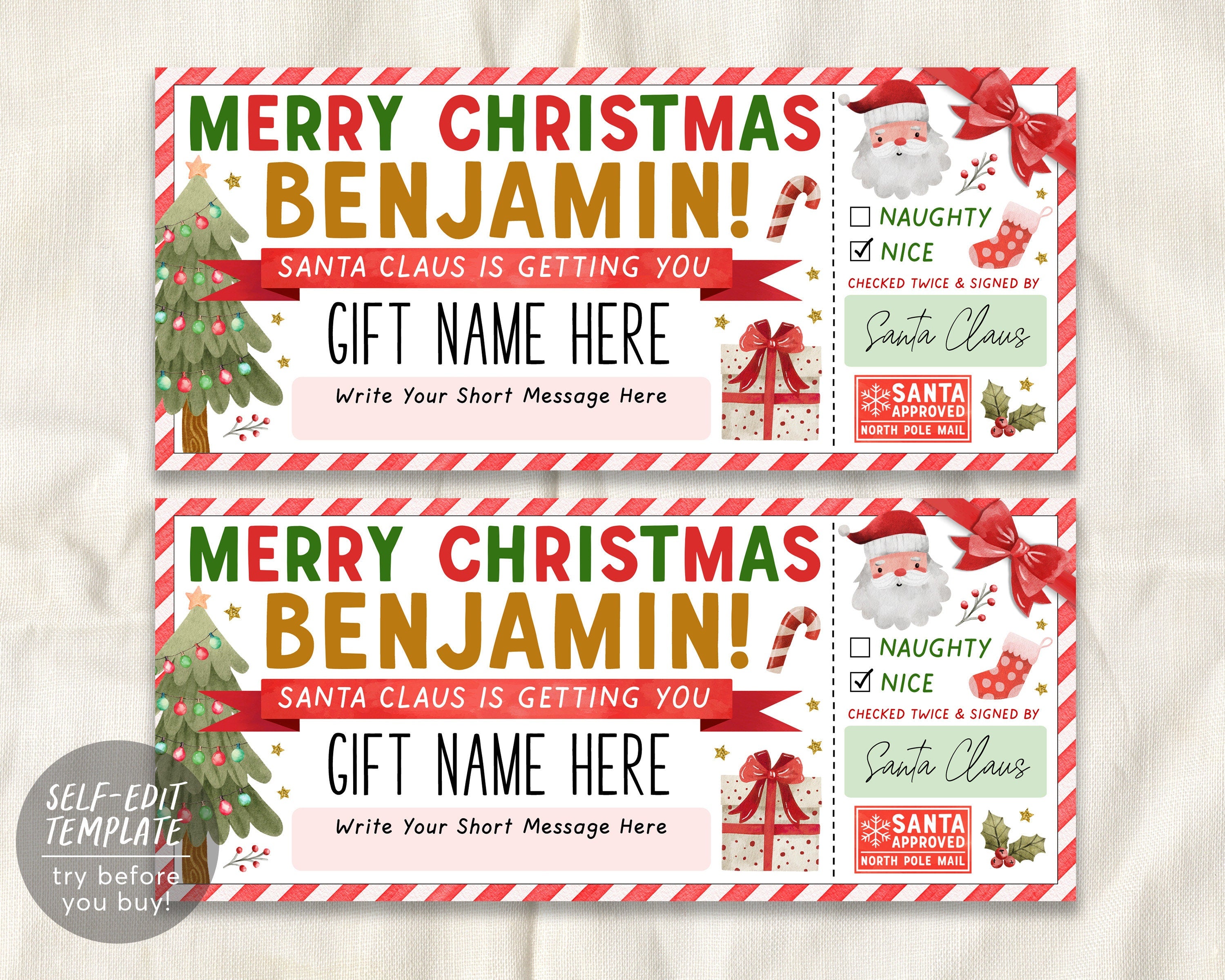 Santa Gift Voucher For Kids Editable Template, Christmas Santa Gift Ti ...