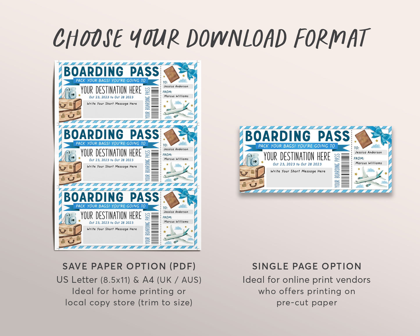 Boarding Pass Ticket Editable Template, Surprise Vacation Trip Holiday Reveal Gift Travel Ticket, Custom Airplane Plane Flight Destination