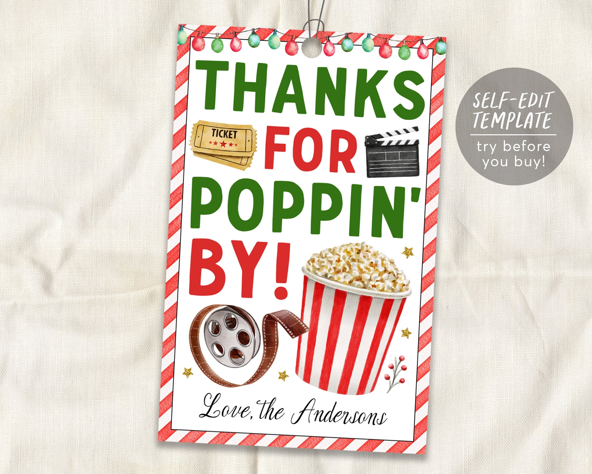 christmas movie night gift tags editable template, popcorn thank you favor tag, movie night party decor printable, birthday party theme