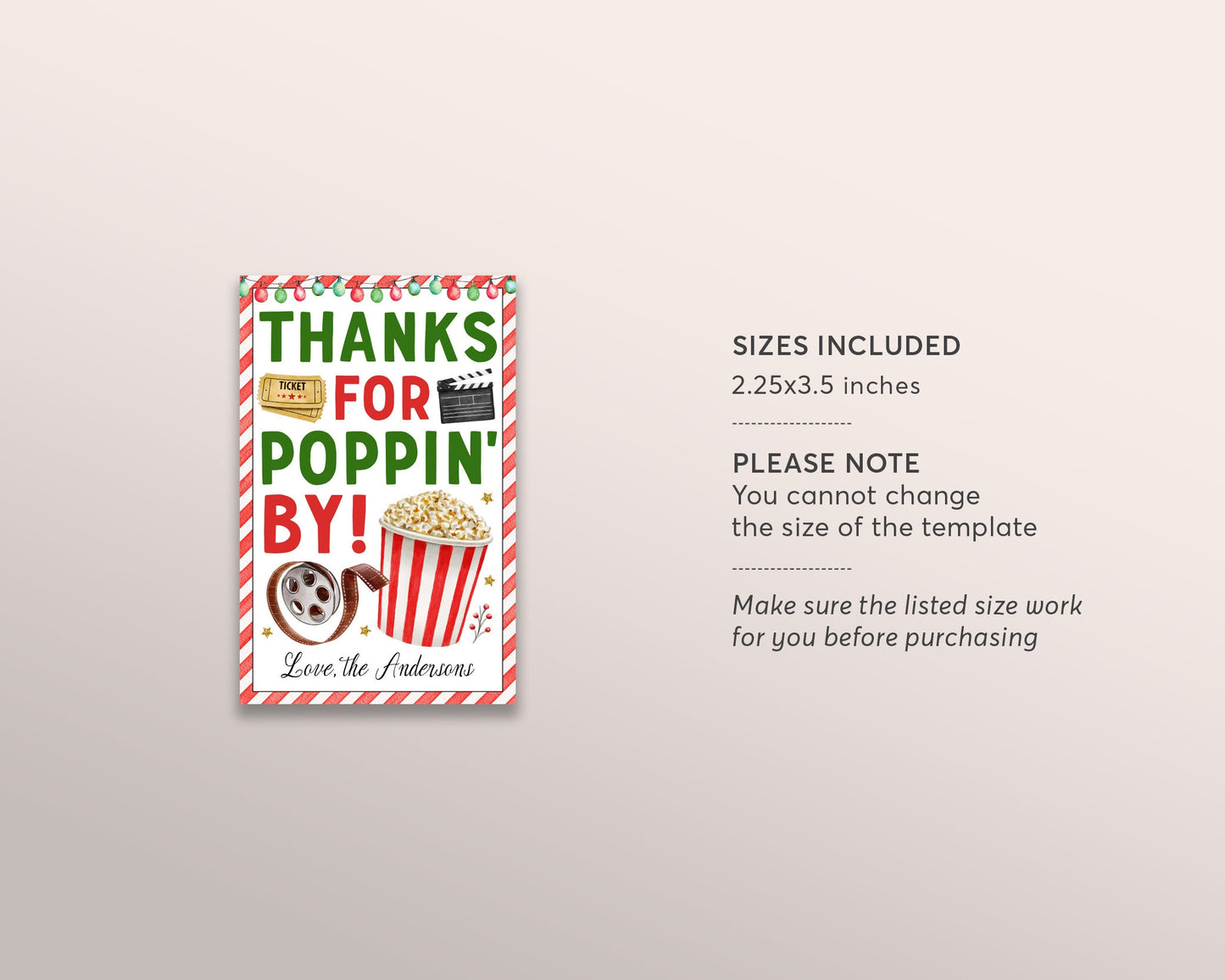 Christmas Movie Night Gift Tags Editable Template, Popcorn Thank You Favor Tag, Movie Night Party Decor Printable, Birthday Party Theme