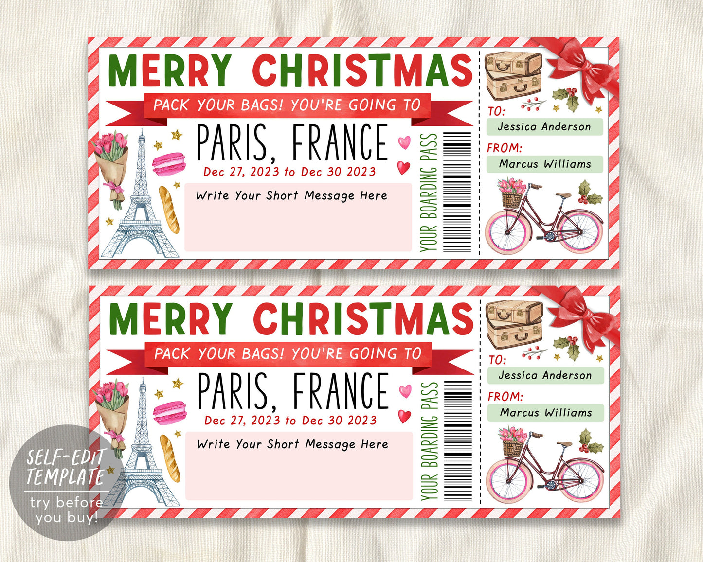 Paris Trip Ticket Boarding Pass Editable Template