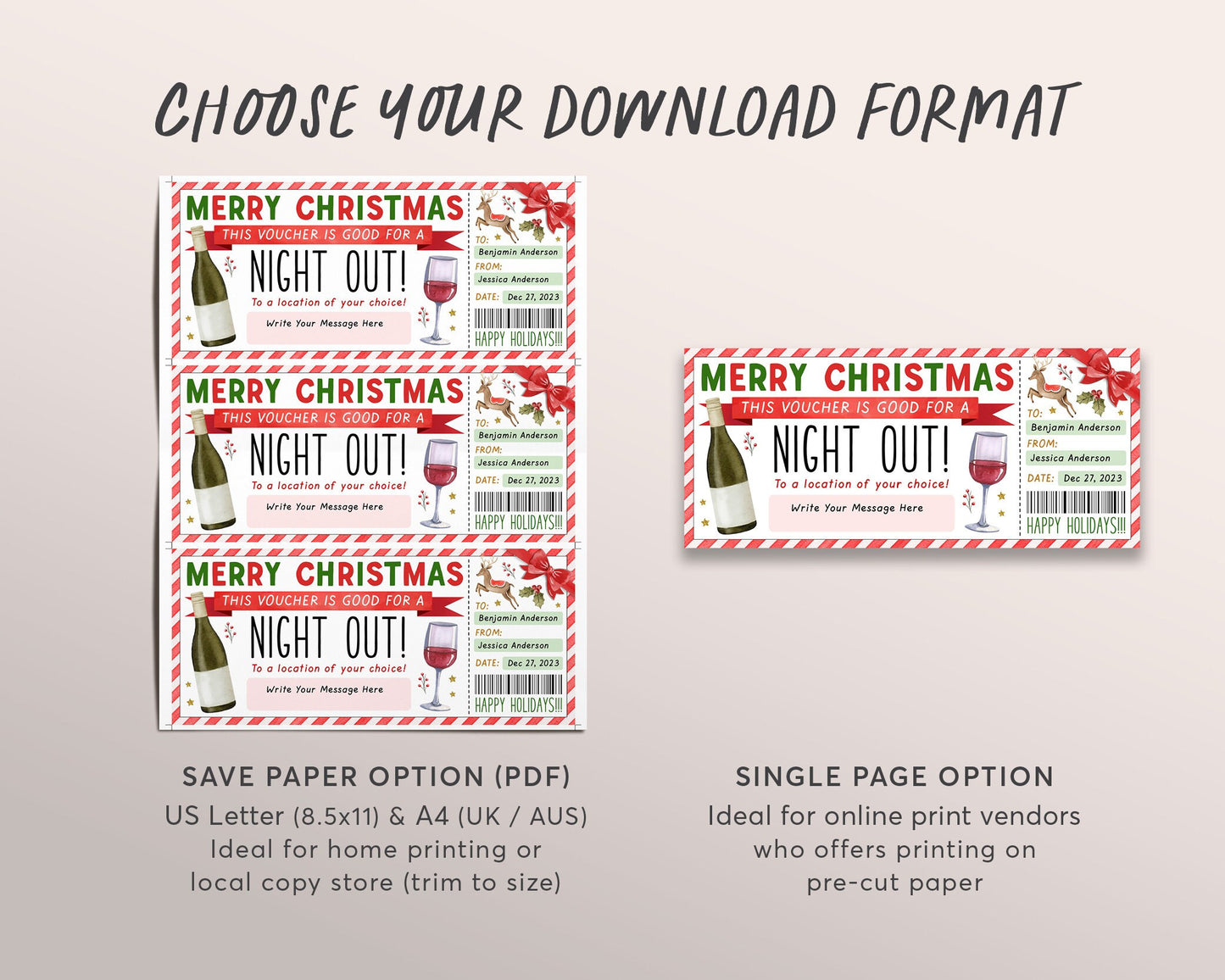 Christmas Night Out Gift Voucher Editable Template, Xmas Holiday Girls Night Dinner Date Gift Certificate Invite Printable Winter Dining