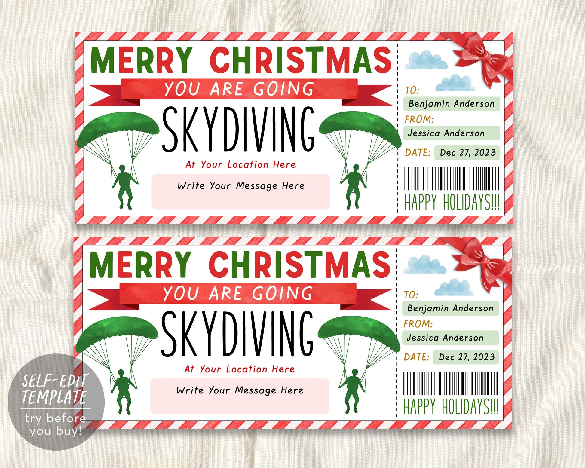 Christmas Skydiving Ticket Gift Certificate Ticket Editable Template