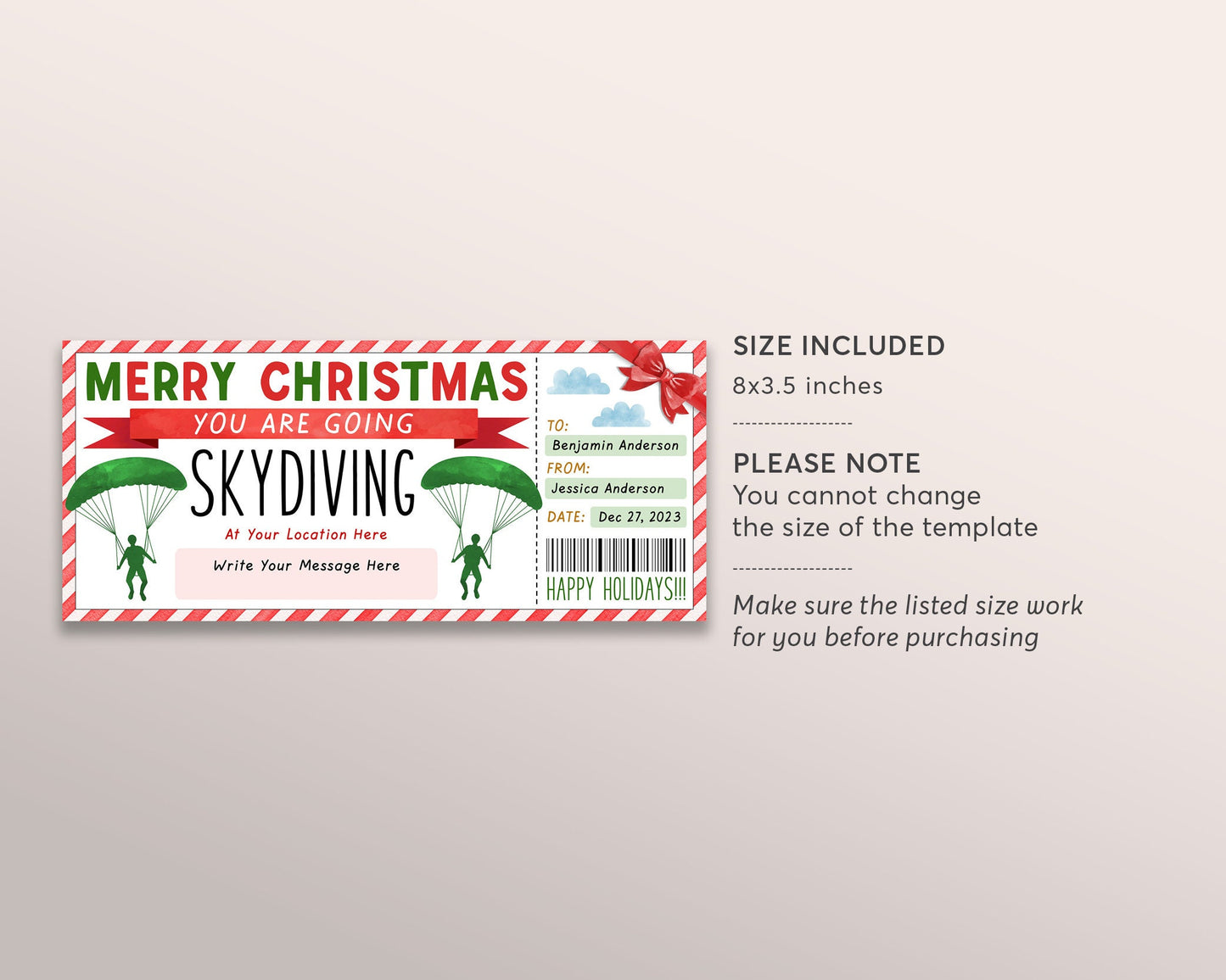 Christmas Skydiving Ticket Gift Certificate Ticket Editable Template, Surprise Skydiving Experience Gift Voucher Holiday Coupon Printable