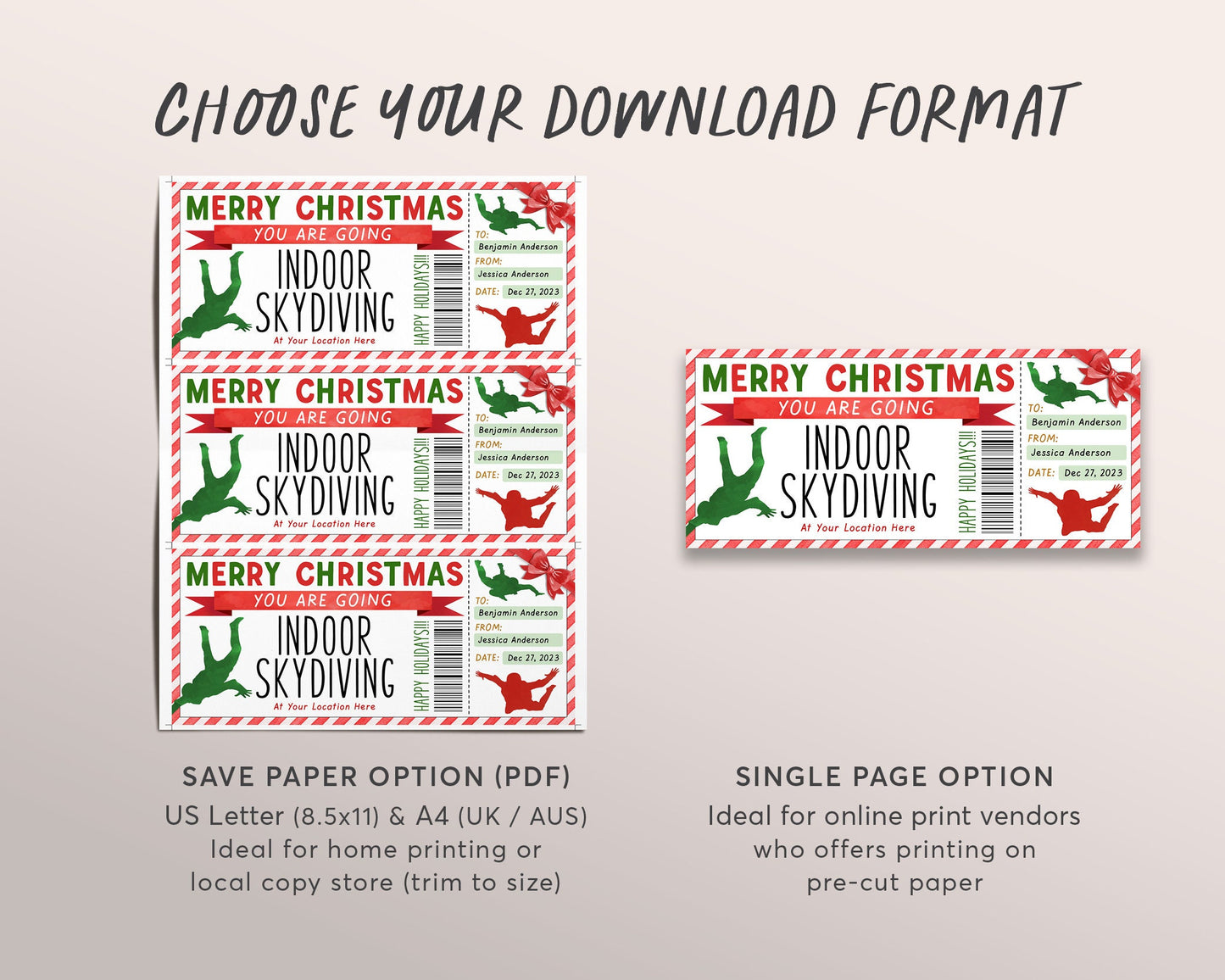 Christmas Indoor Skydiving Gift Certificate Ticket Editable Template, Surprise Sky Dive Experience Gift Voucher Holiday Coupon Printable