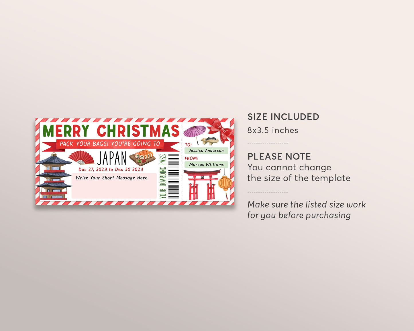 Japan Trip Ticket Boarding Pass Editable Template, Christmas Surprise Asia Tokyo Osaka Kyoto Travel Vacation Gift Certificate Holiday Reveal