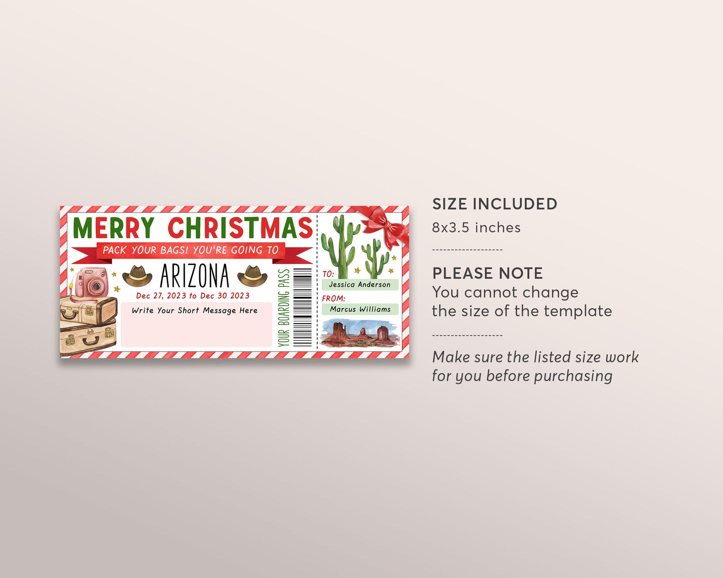 Arizona Trip Ticket Boarding Pass Editable Template, Christmas Surprise Travel Vacation Airline Ticket Gift Certificate Holiday Trip Reveal