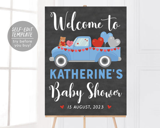Valentine&#39;s Day BOY Baby Shower Welcome Sign Editable Template
