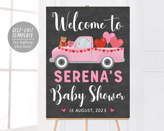 Valentine's Day GIRL Baby Shower Welcome Sign Editable Template, Little Sweetheart Bear Balloon Baby Shower Sign, Welcome Sprinkle Poster