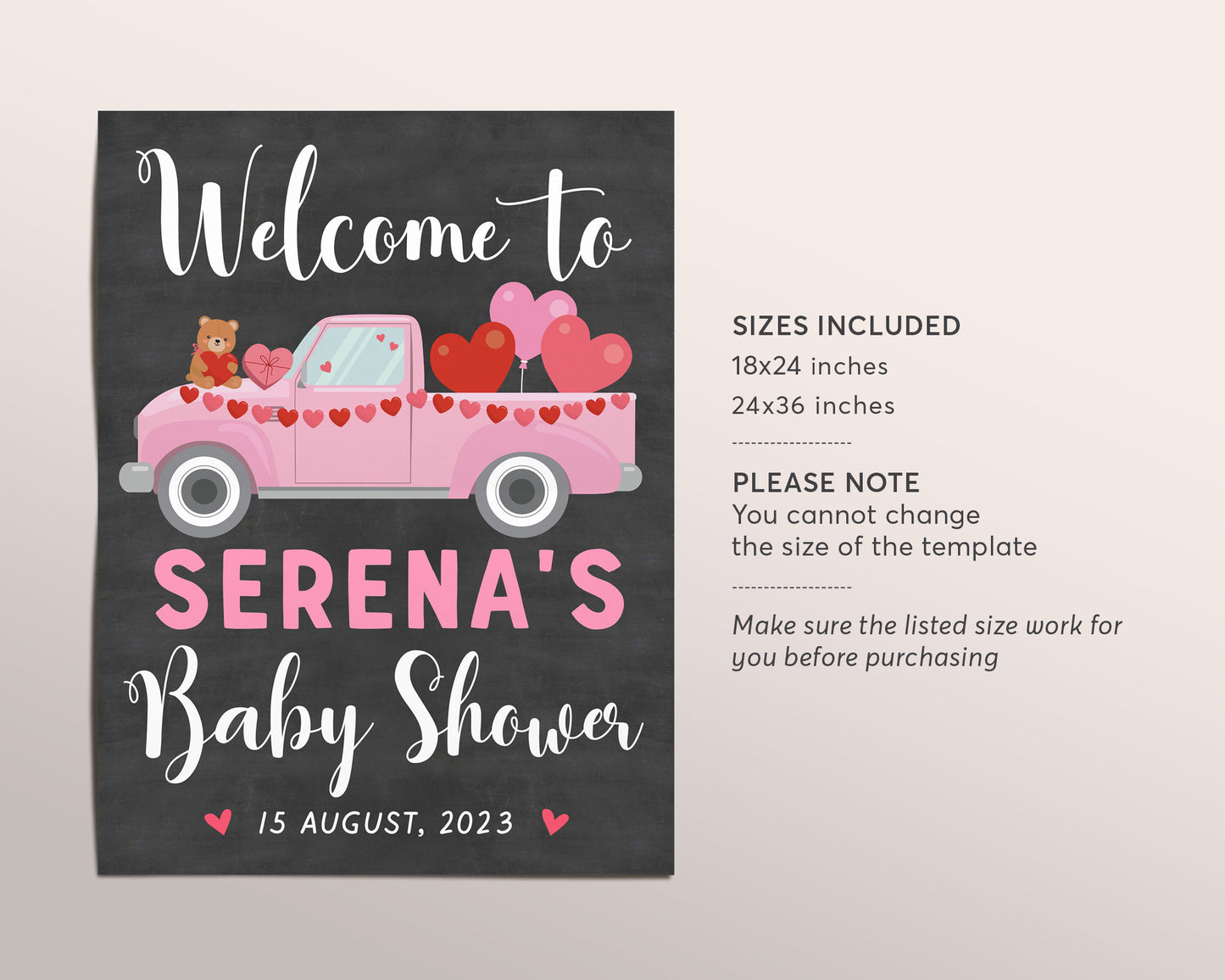 Valentine's Day GIRL Baby Shower Welcome Sign Editable Template, Little Sweetheart Bear Balloon Baby Shower Sign, Welcome Sprinkle Poster