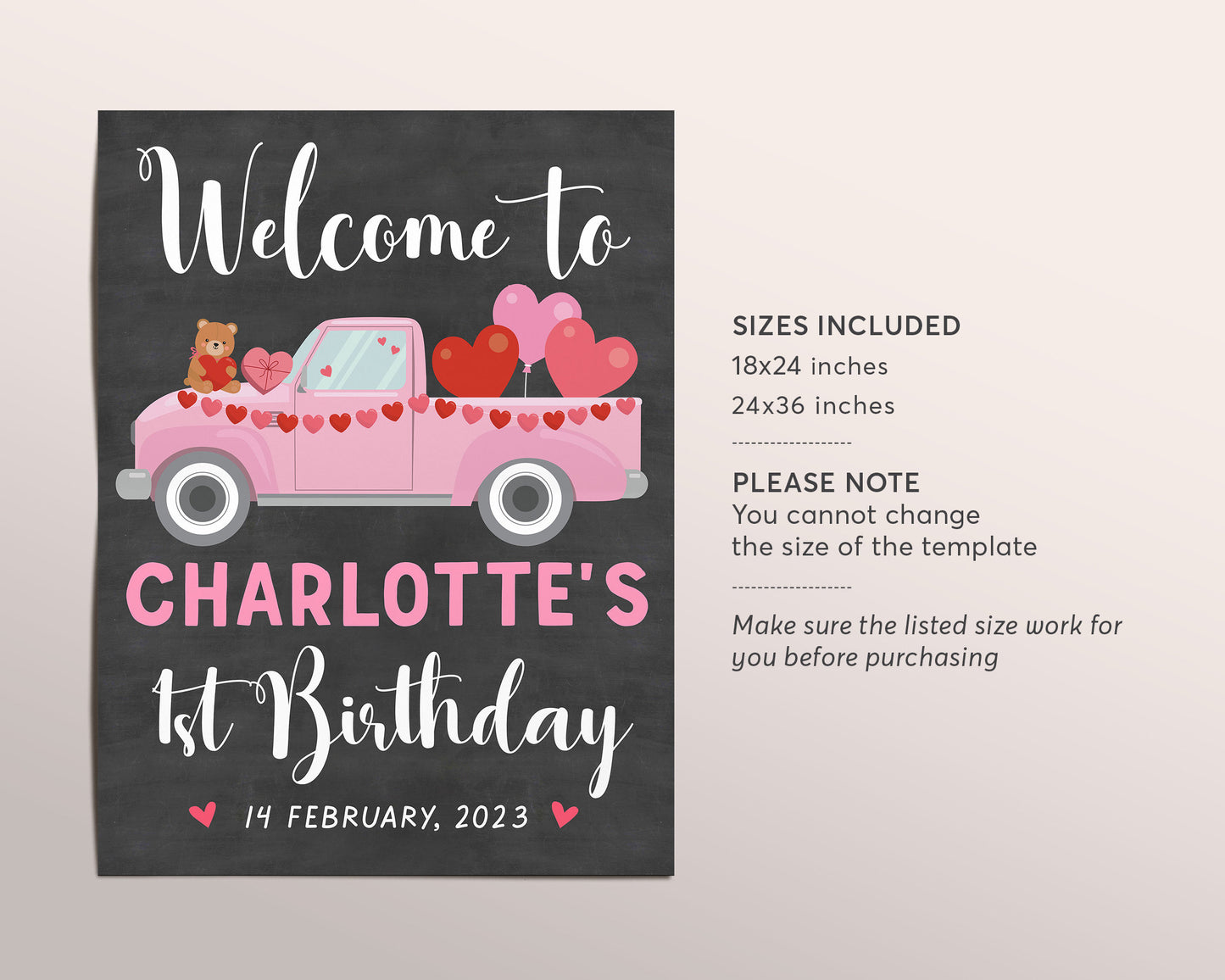 Valentines Theme Welcome Sign Girl Birthday Party Editable Template, First Birthday Party Sweetheart Bear Balloon Poster Decor Printable