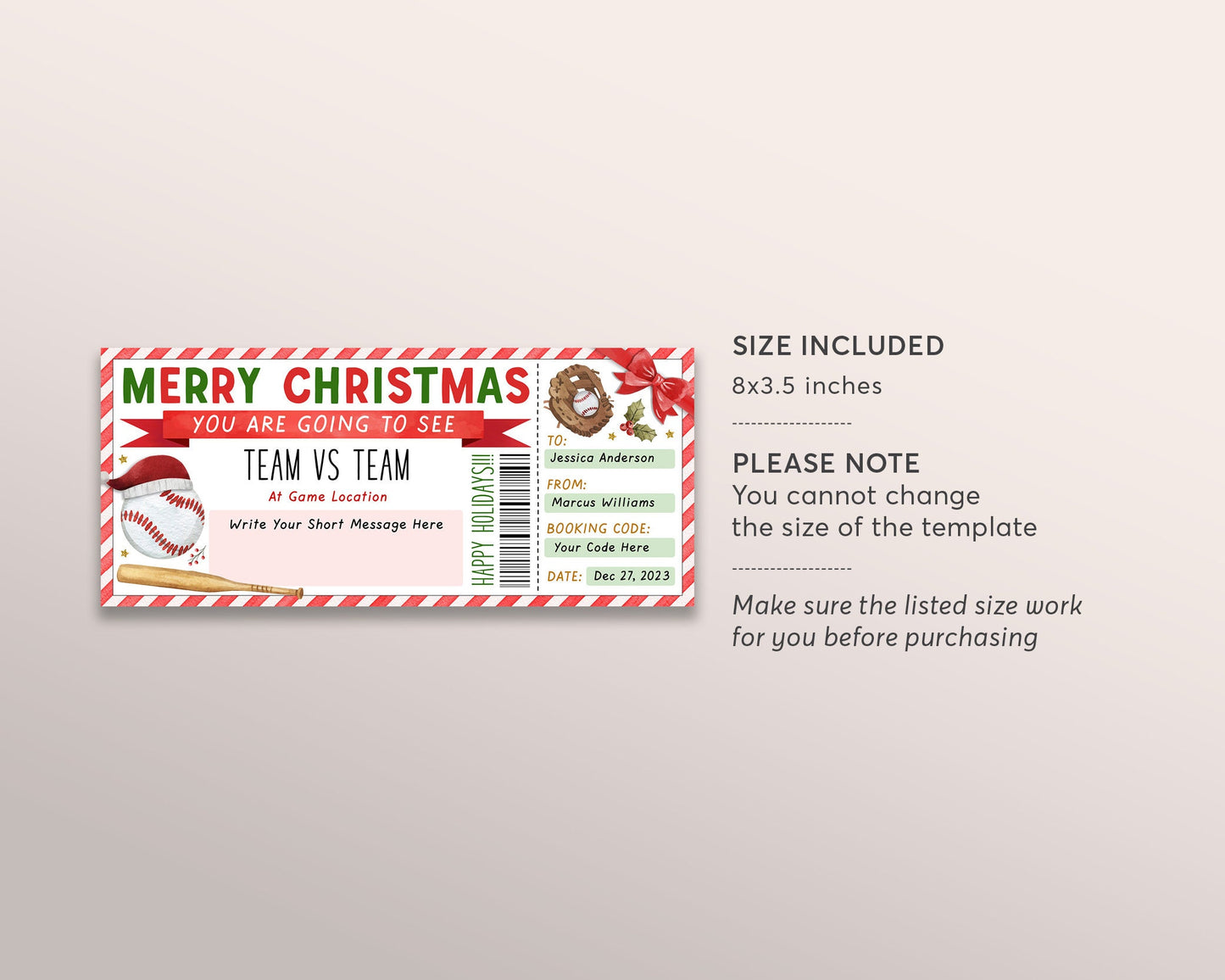 Baseball Game Christmas Gift Ticket Editable Template, Christmas Surprise Sports Game Ticket, Holiday Voucher Gift Certificate Printable