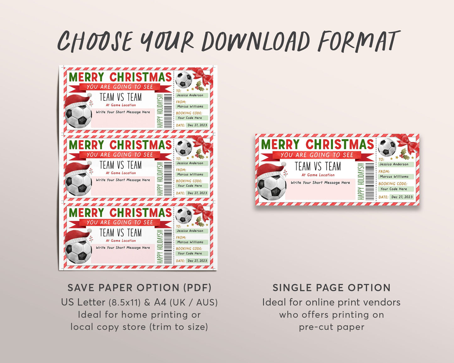 Soccer Game Christmas Gift Ticket Editable Template, Christmas Surprise Football Game Ticket, Holiday Voucher Gift Certificate Printable