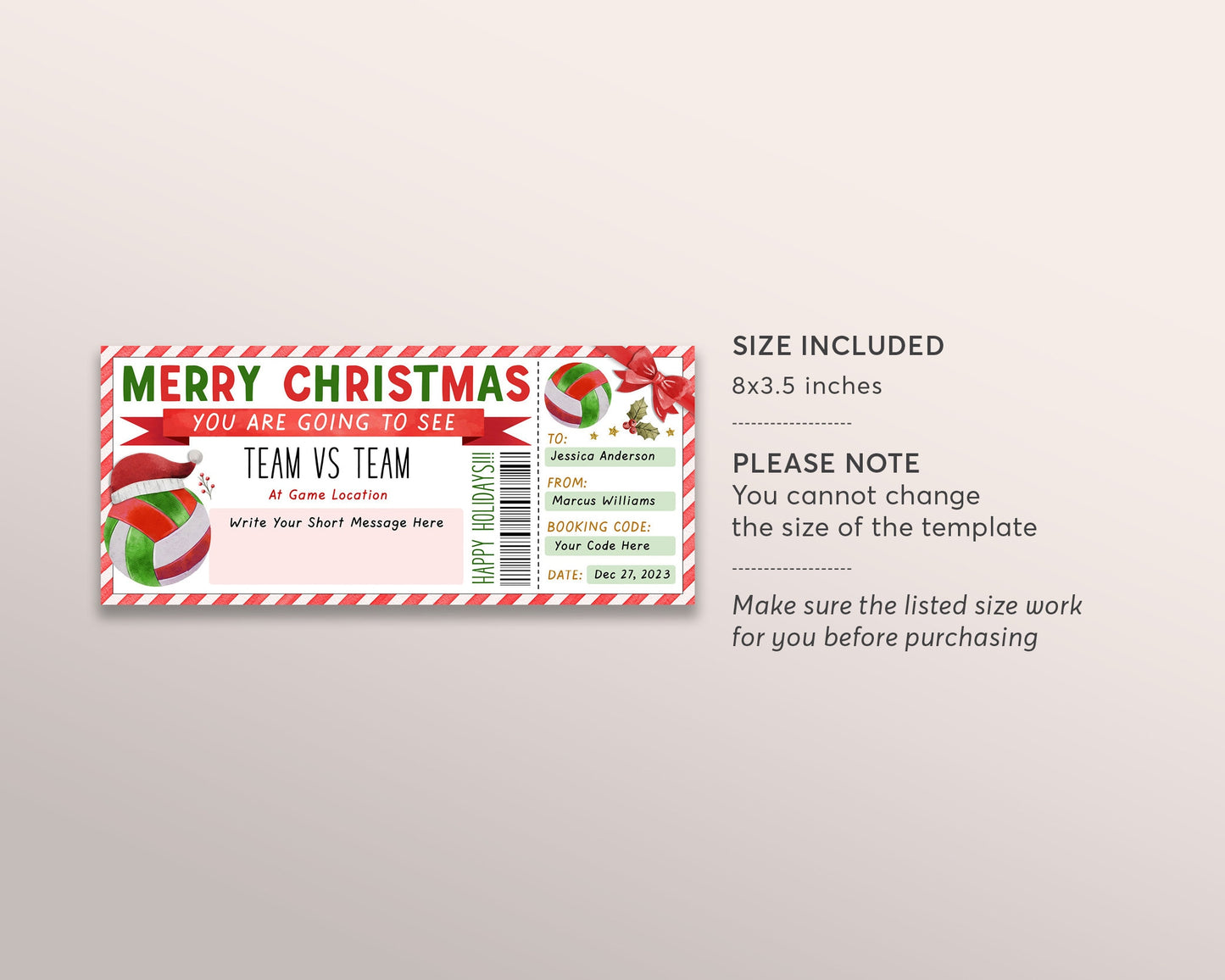 Volleyball Game Christmas Gift Ticket Editable Template, Christmas Surprise Sports Game Ticket, Holiday Voucher Gift Certificate Printable