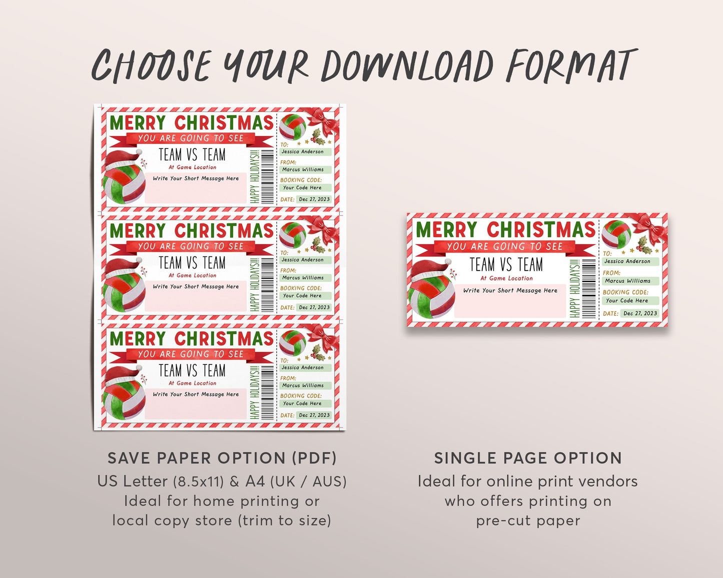 Volleyball Game Christmas Gift Ticket Editable Template, Christmas Surprise Sports Game Ticket, Holiday Voucher Gift Certificate Printable