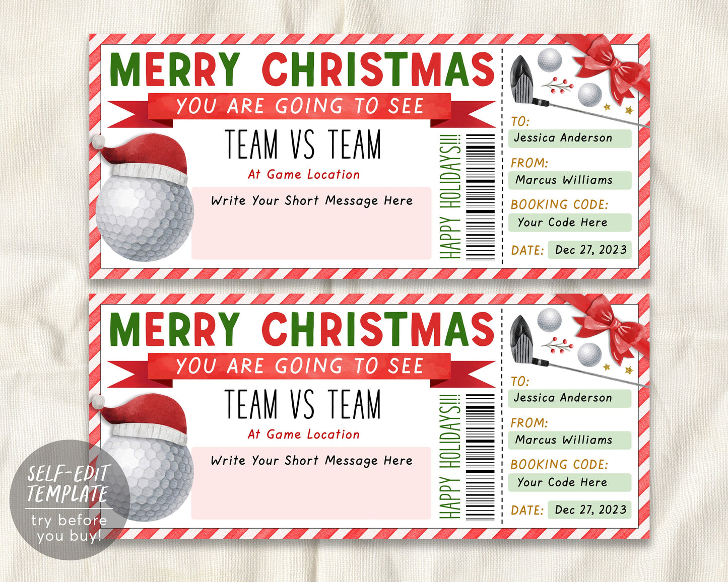 Golf Tournament Christmas Gift Ticket Editable Template