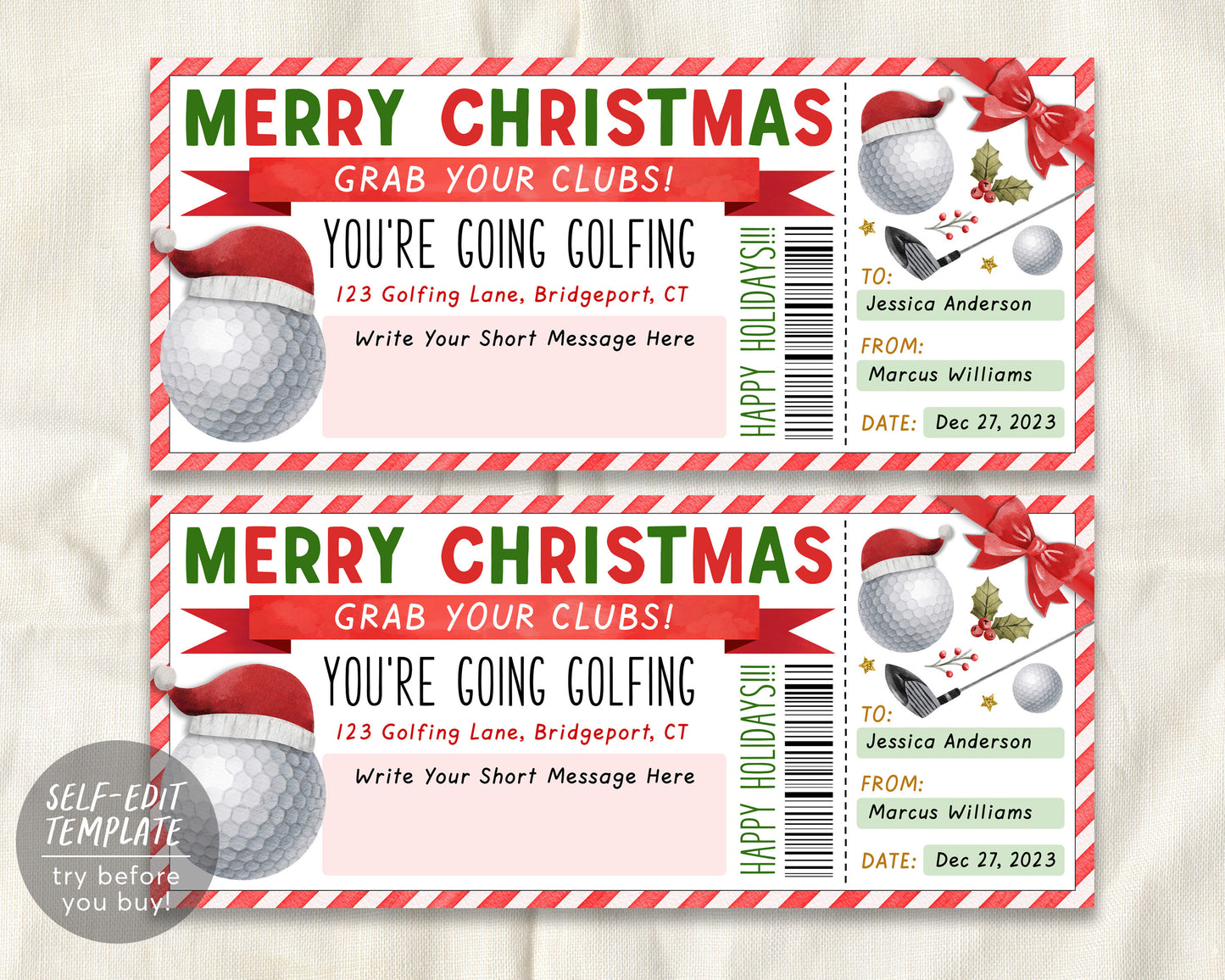 Golf Trip Christmas Gift Ticket Editable Template