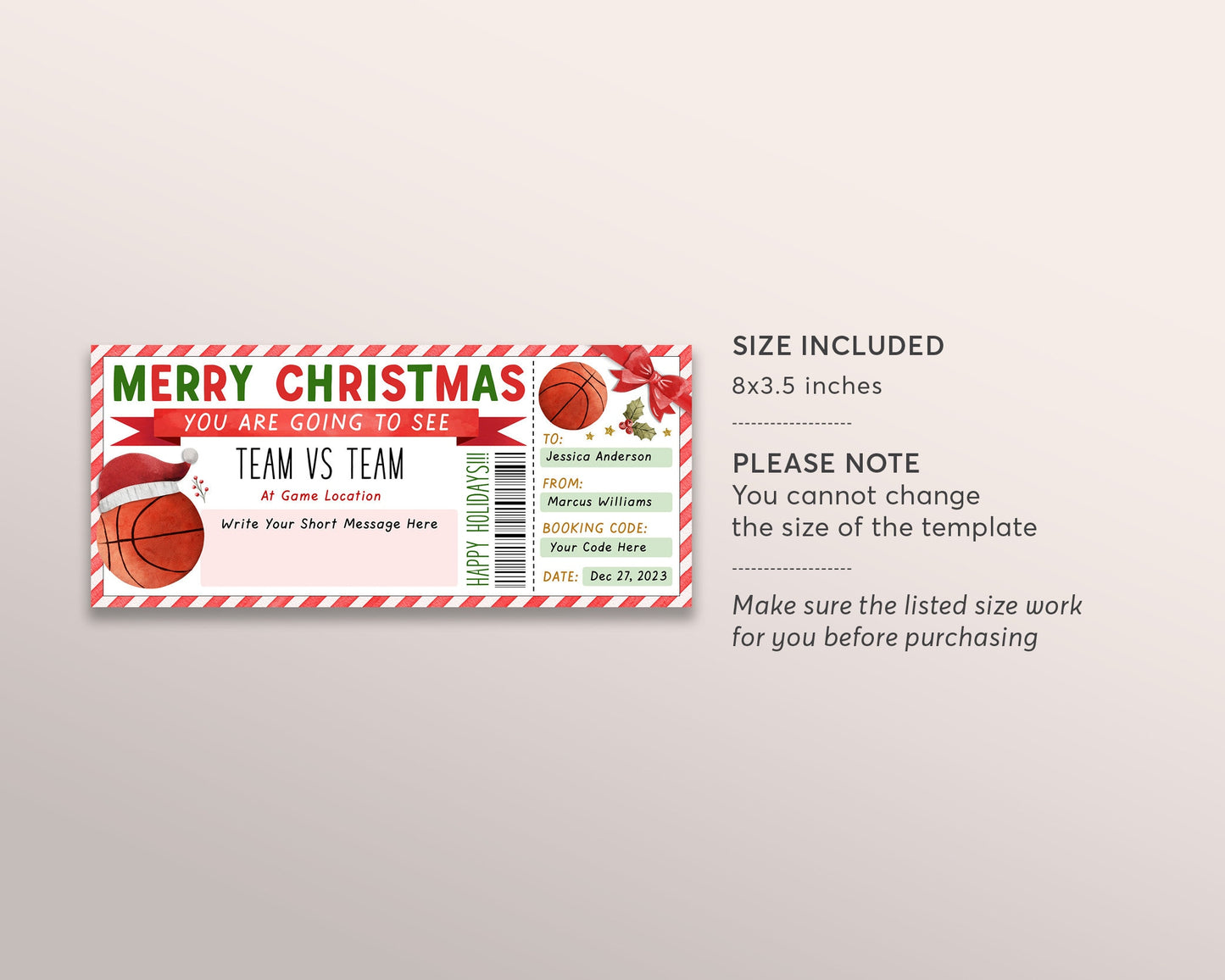 Basketball Game Christmas Gift Ticket Editable Template, Christmas Surprise Sports Game Ticket, Holiday Voucher Gift Certificate Printable