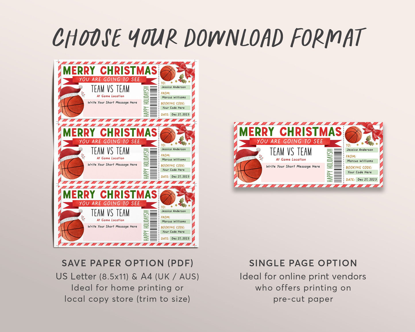 Basketball Game Christmas Gift Ticket Editable Template, Christmas Surprise Sports Game Ticket, Holiday Voucher Gift Certificate Printable