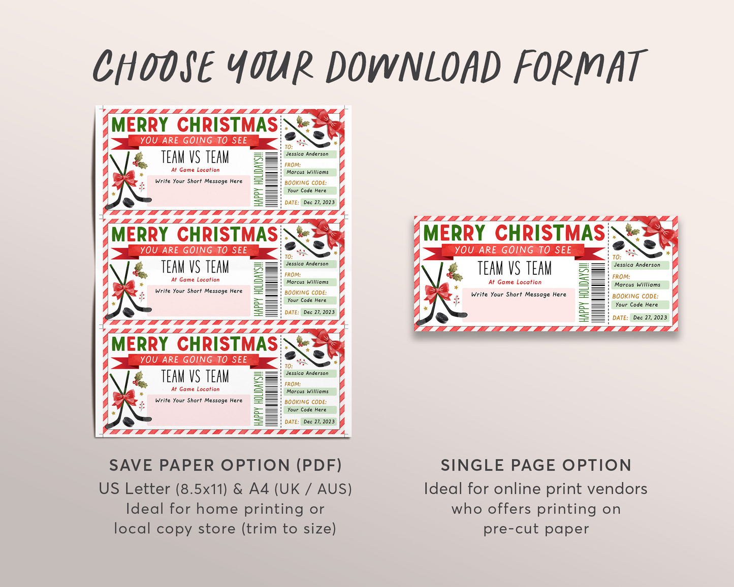 Hockey Game Christmas Gift Ticket Editable Template, Christmas Surprise Sports Game Ticket, Holiday Voucher Gift Certificate Printable