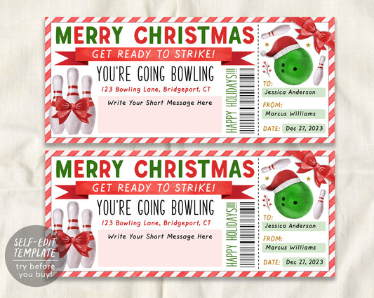 Bowling Christmas Gift Certificate Editable Template