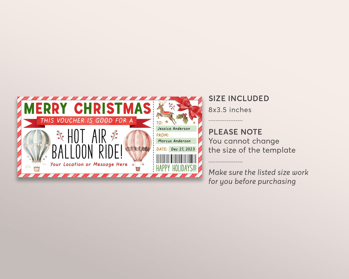 Hot Air Balloon Ticket Editable Template, Christmas Surprise Hot Air Balloon Gift Certificate Reveal Balloon Ride Voucher Experience Coupon