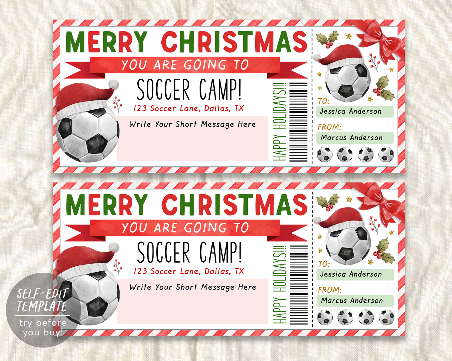 Christmas Soccer Camp Gift Ticket Editable Template, Surprise Training Camp Sports Game Voucher Skills Clinic Coupon, Holiday Certificate