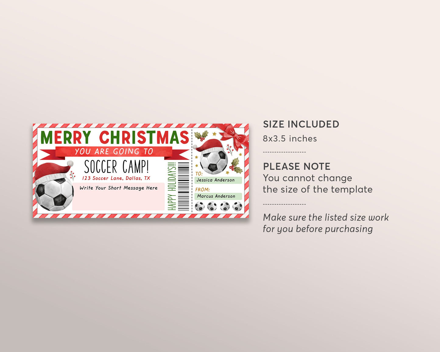 Christmas Soccer Camp Gift Ticket Editable Template, Surprise Training Camp Sports Game Voucher Skills Clinic Coupon, Holiday Certificate