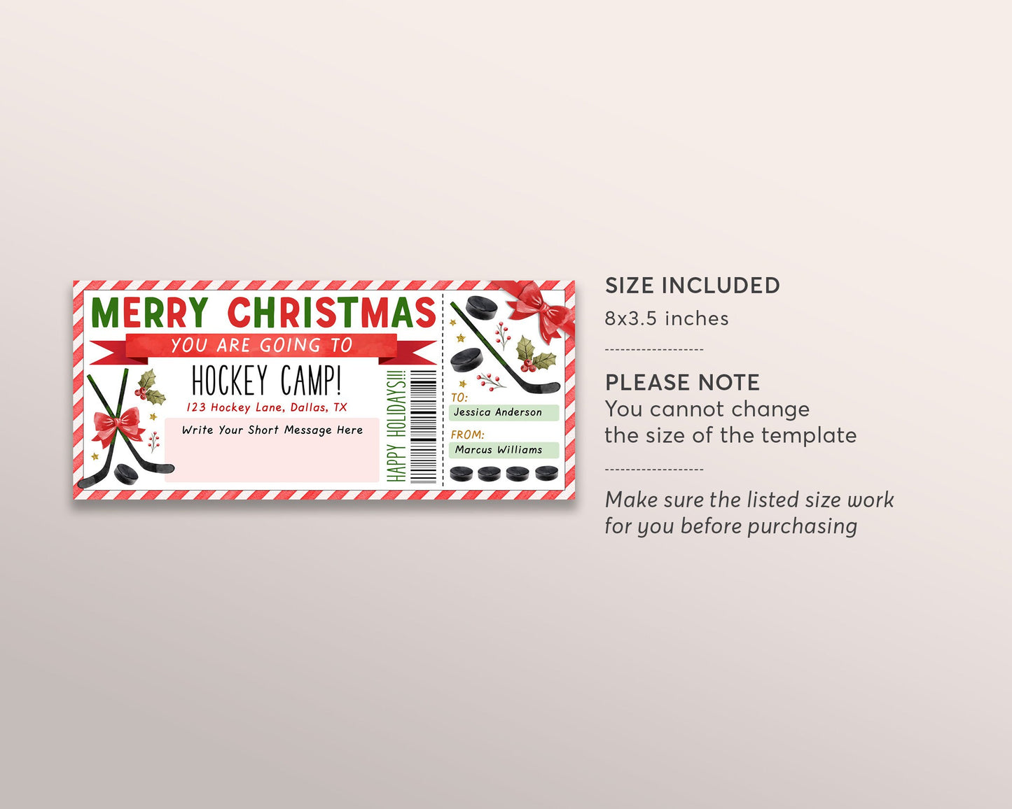 Christmas Hockey Camp Gift Ticket Editable Template, Surprise Training Camp Sports Game Voucher Skills Clinic Coupon, Holiday Certificate