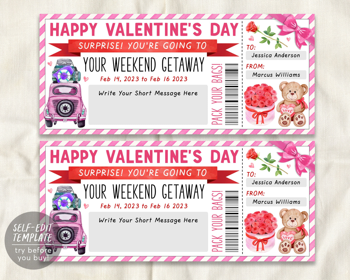 Surprise Valentines Weekend Getaway Voucher Editable Template