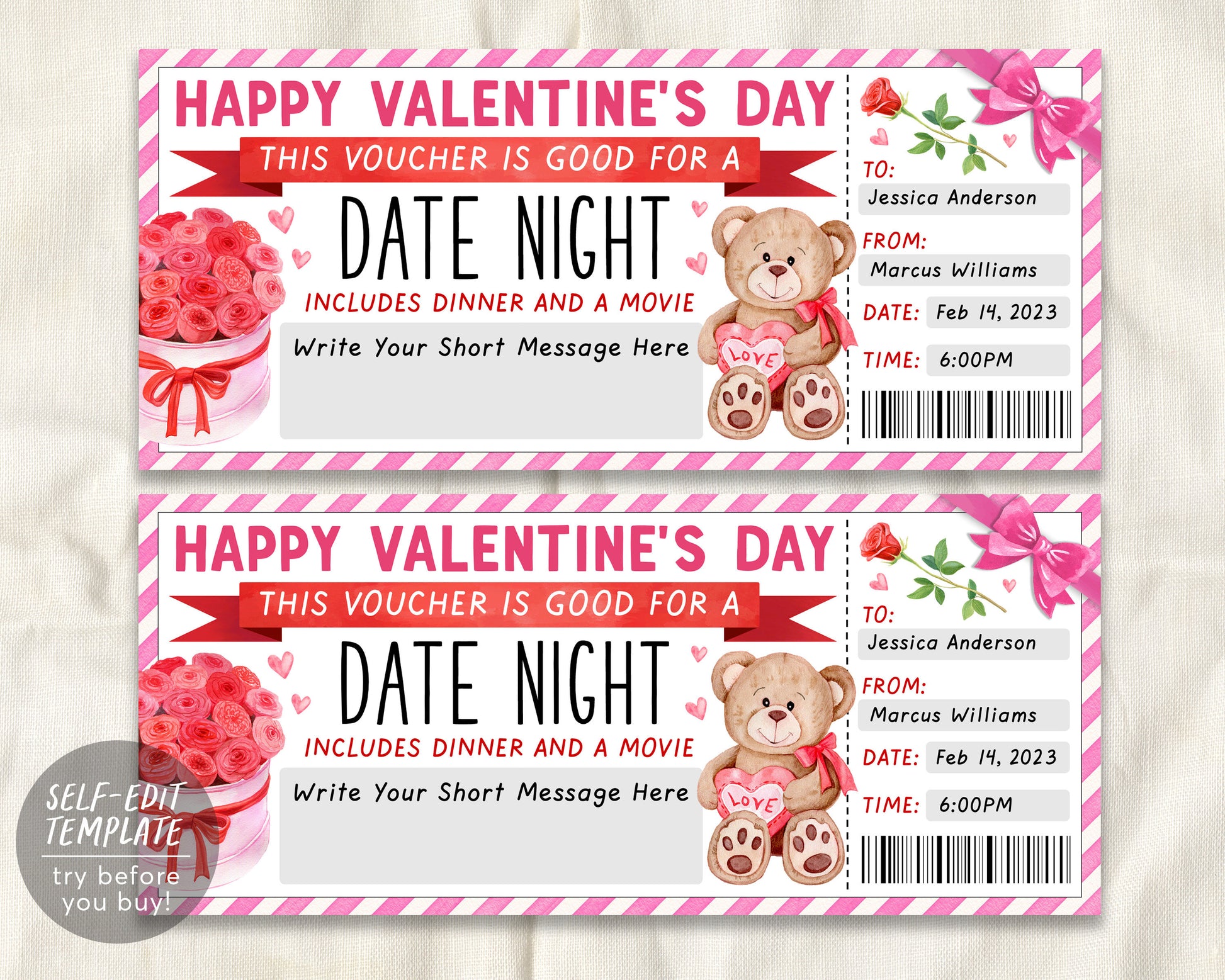 Valentines Day Date Night Gift Voucher Editable Template