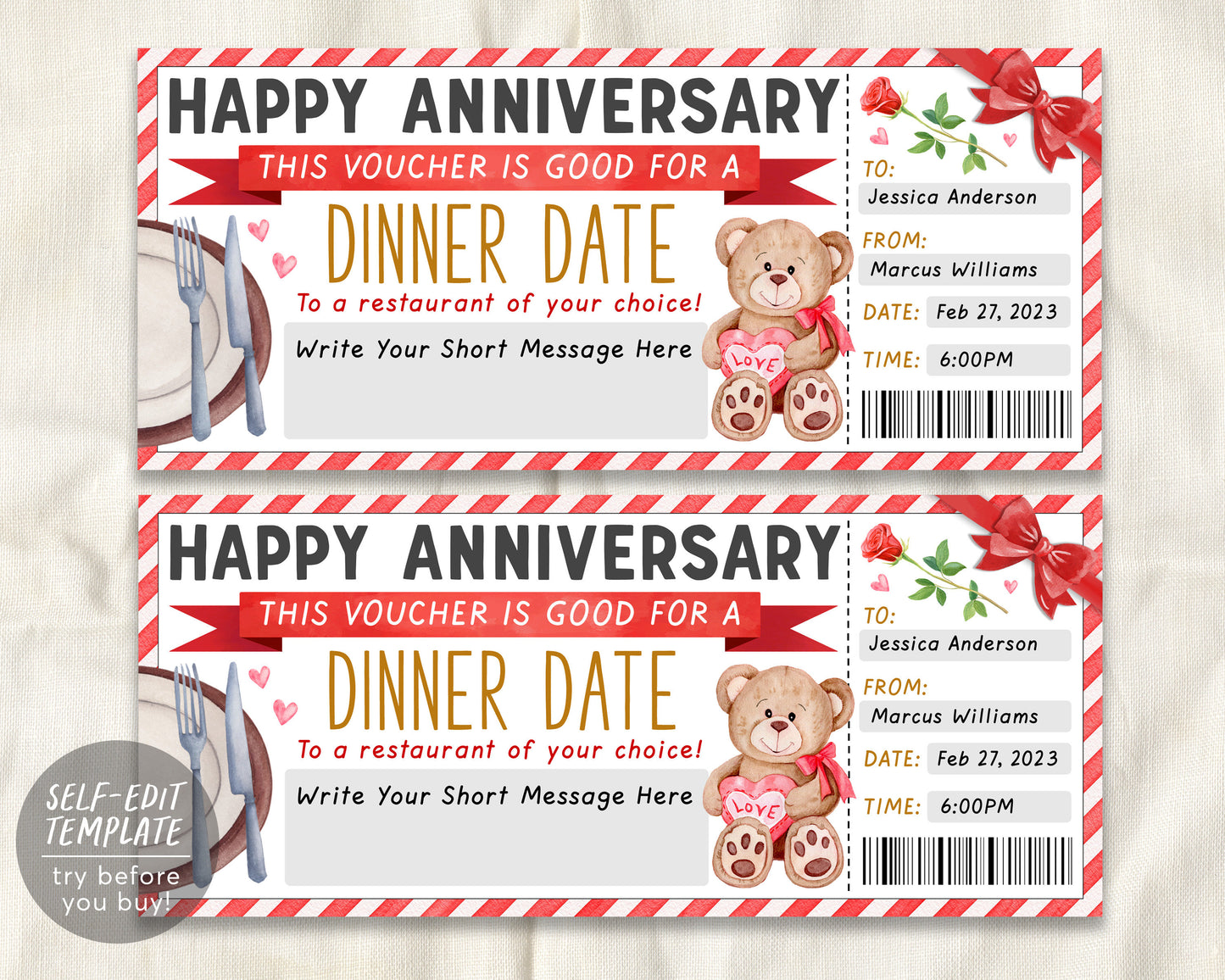 Dinner Night Gift Voucher Certificate Editable Template