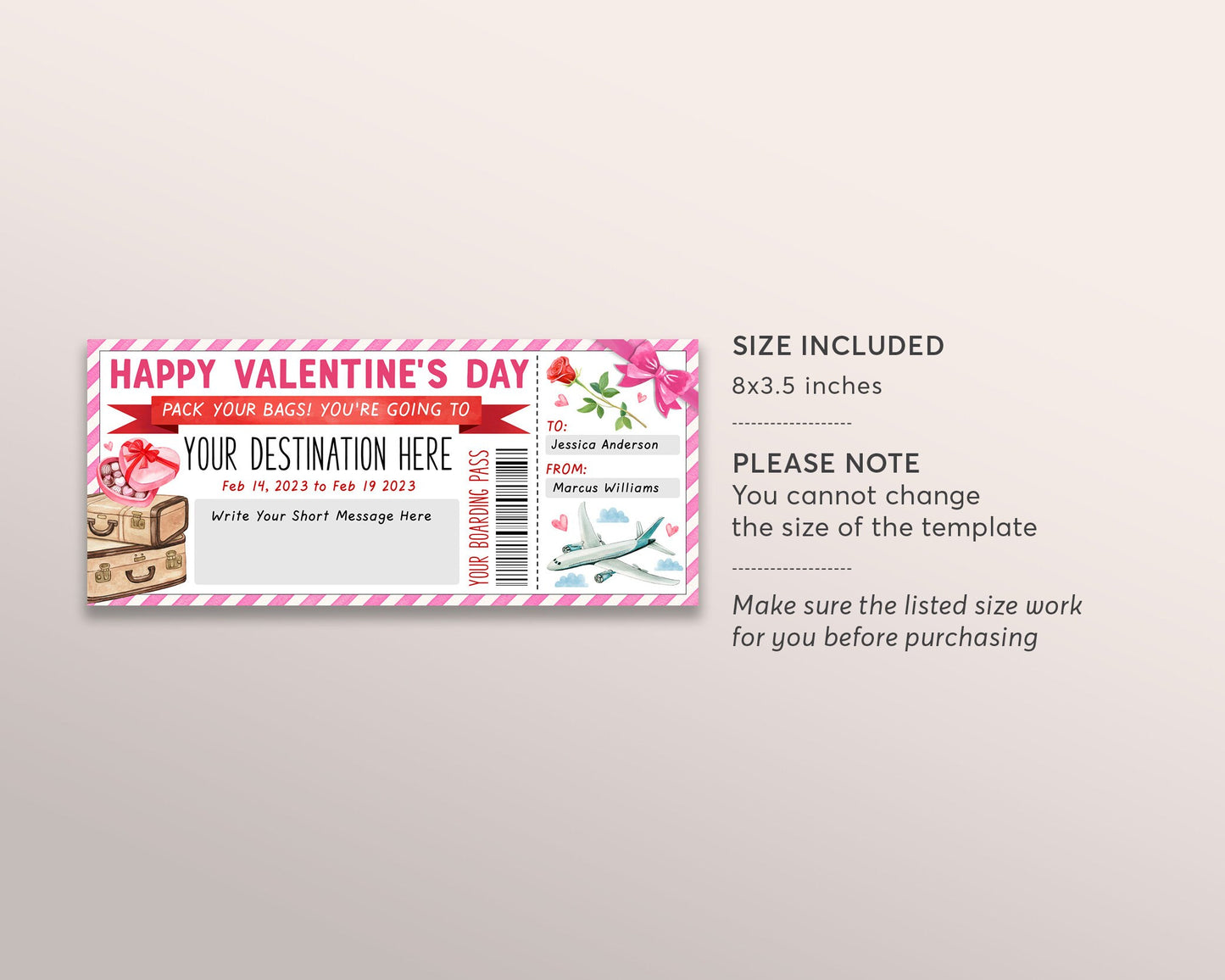 Valentines Day Boarding Pass Editable Template, Surprise Trip Plane Ticket, Vacation Travel Ticket, Holiday Trip Reveal Flight Destination