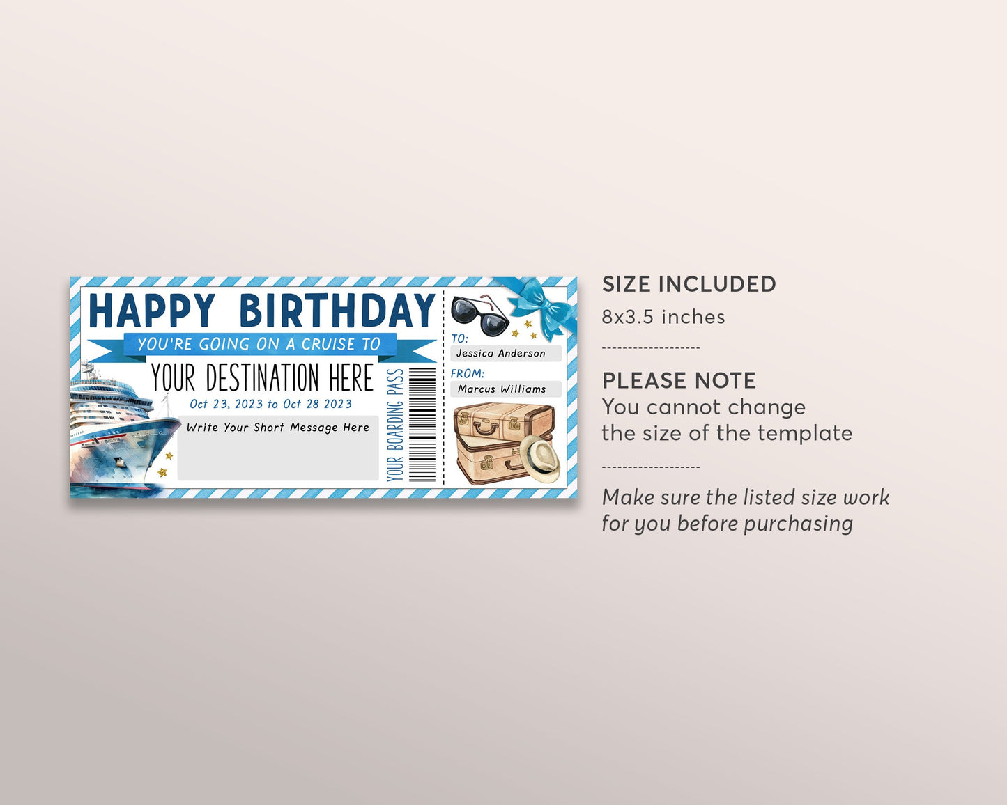 Cruise Boarding Pass Ticket Birthday Gift Editable Template, Surprise Ship  Voucher, Vacation Travel Ticket Holiday Trip Reveal Destination