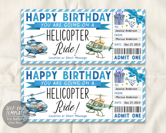Helicopter Ride Ticket Gift Certificate Editable Template