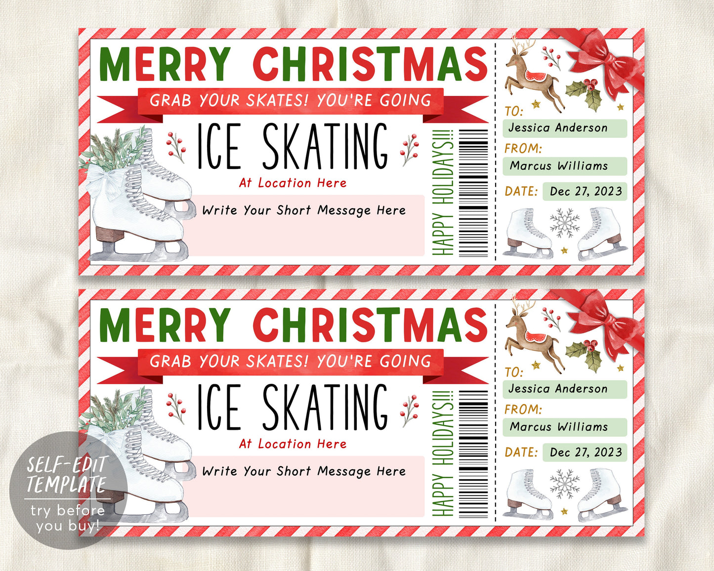 Ice Skating Christmas Gift Voucher Editable Template