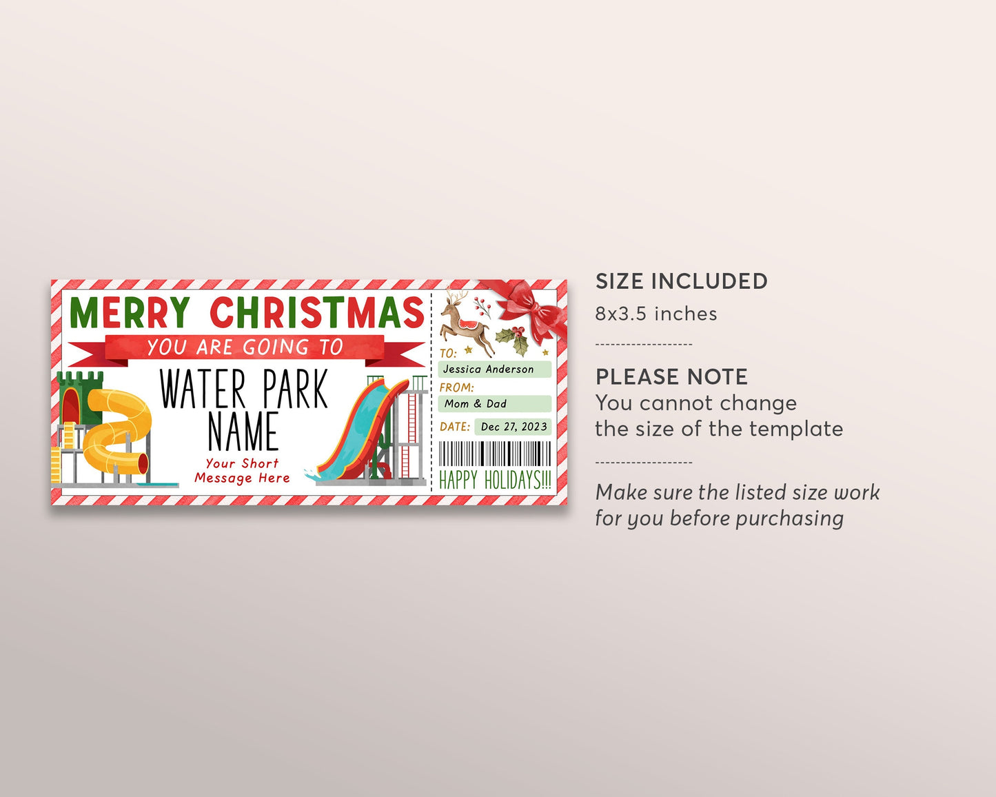 Surprise Water Park Ticket Editable Template, Christmas Holiday Waterpark Visit Gift Voucher For Kids, Slide Season Pass Gift Certificate