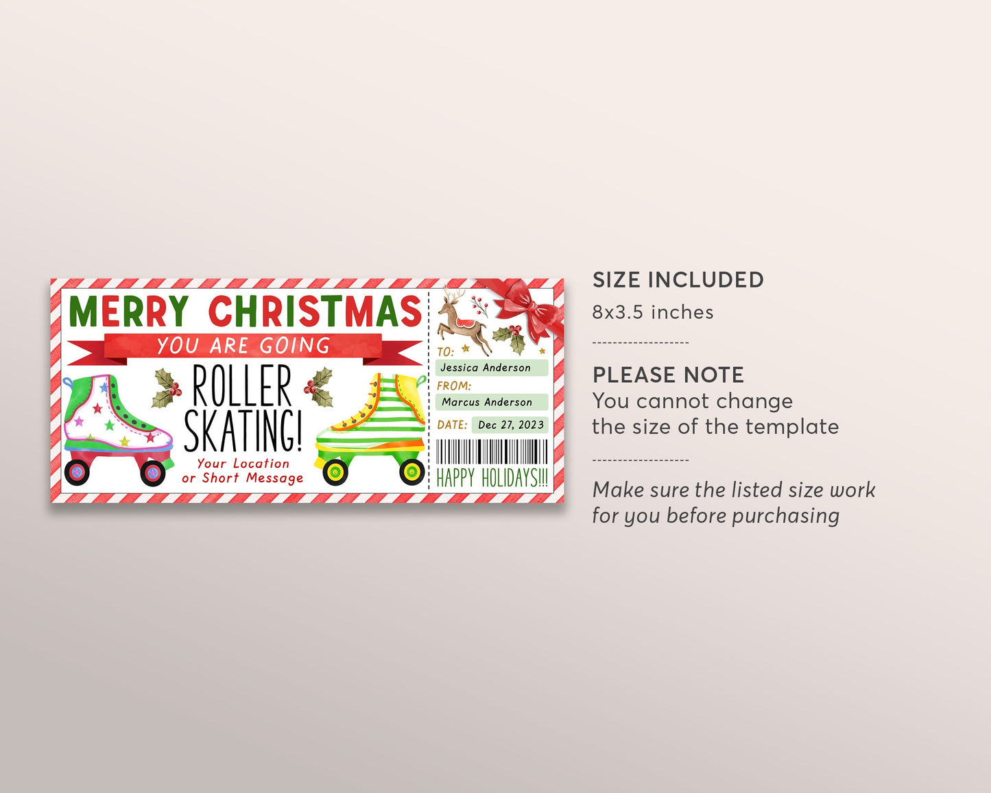 Surprise Roller Skating Ticket Editable Template, Christmas Holiday Roller Skating Experience Gift Voucher Rollerskating Lessons Certificate