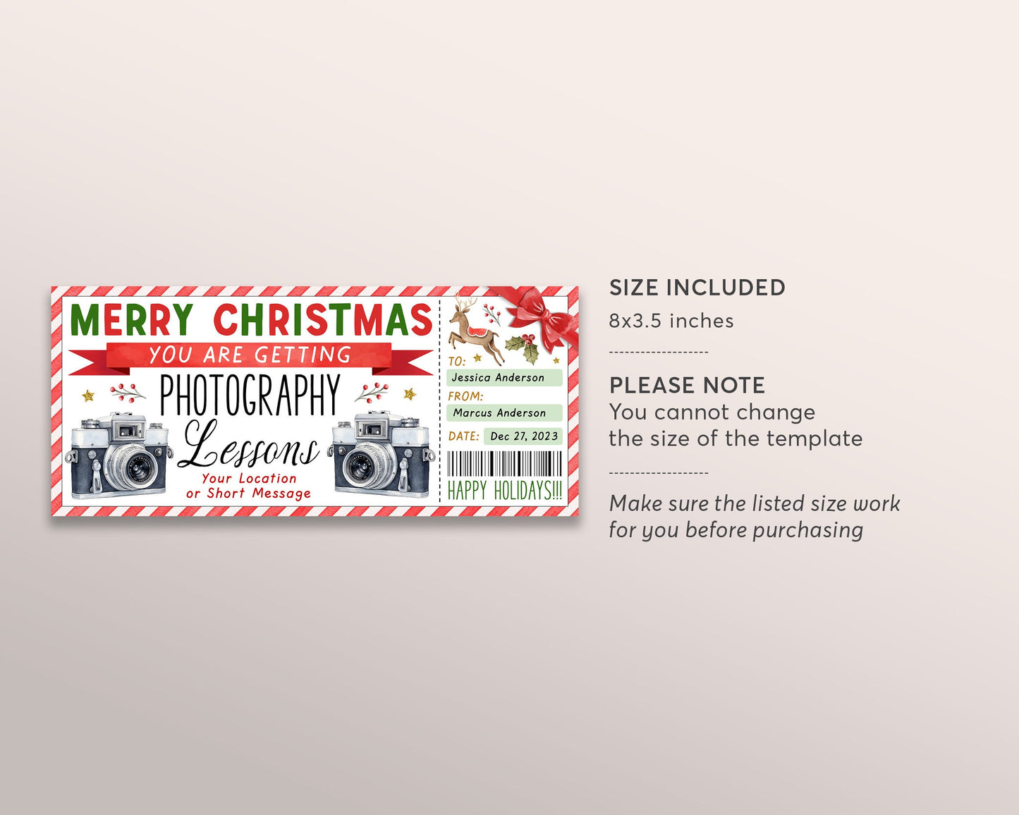 Photography Lessons Gift Voucher Ticket Editable Template, Christmas Holiday Photography Experience Gift Certificate, Surprise Camera Coupon