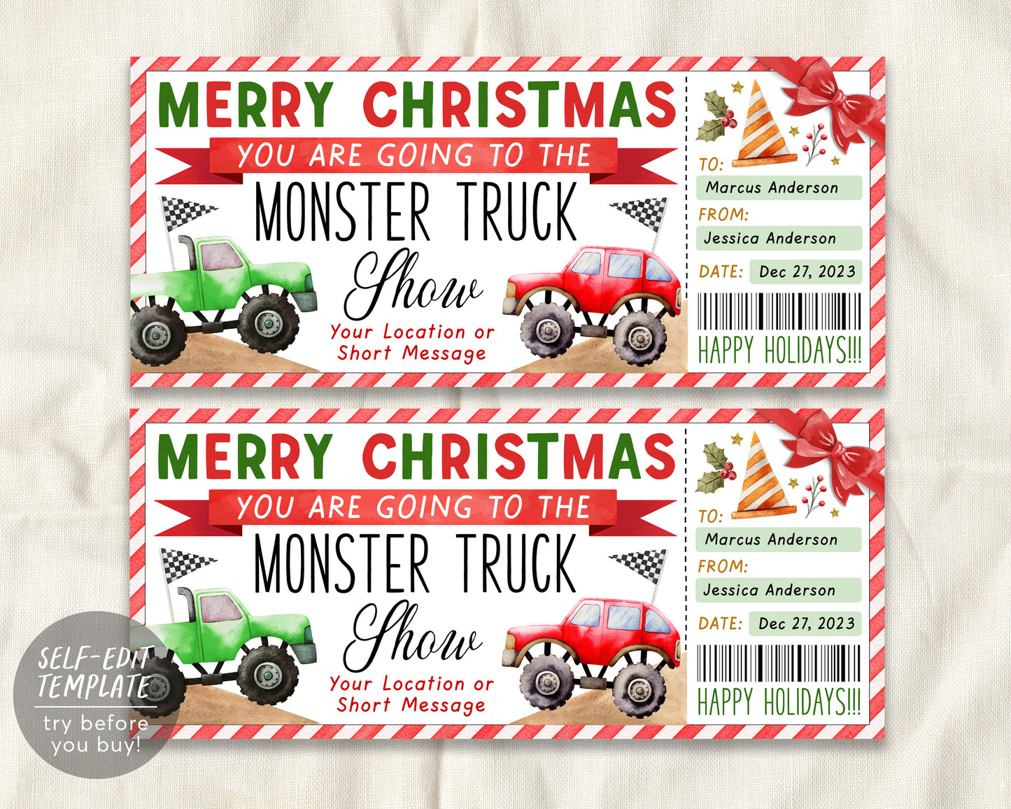 Christmas Monster Truck Show Ticket Editable Template