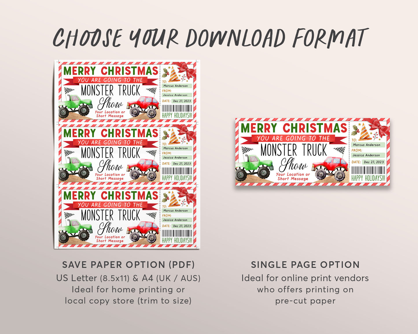 Christmas Monster Truck Show Ticket Editable Template, Surprise Holiday Monster Truck Event Experience Gift Certificate Voucher Coupon