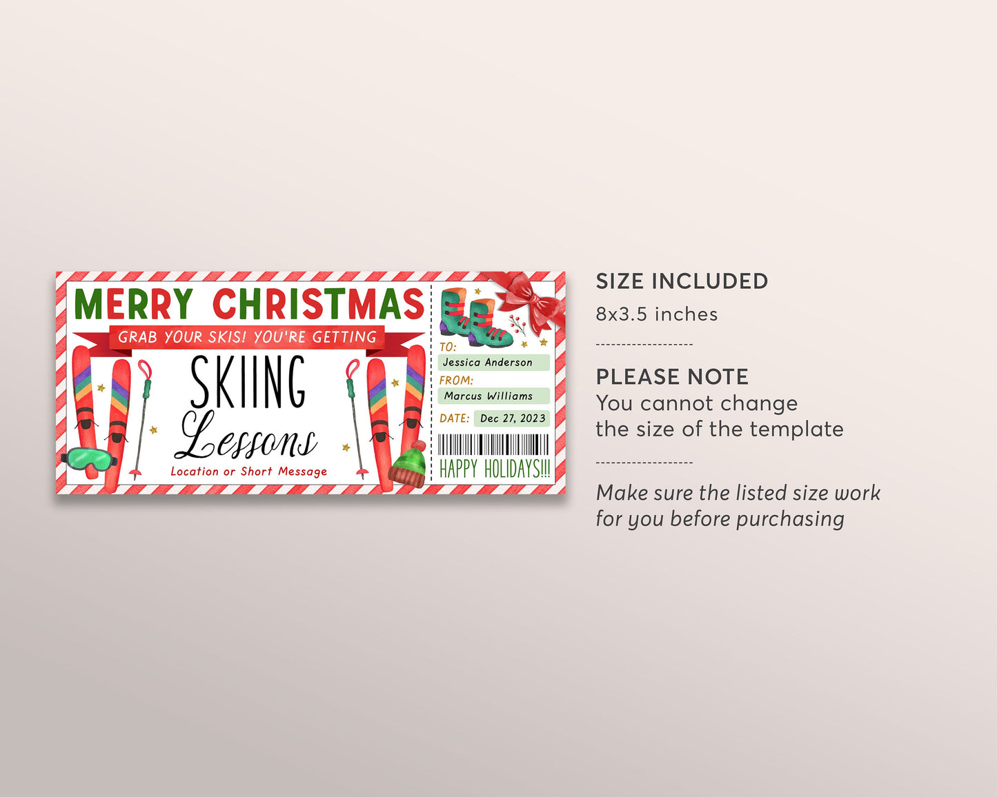 Skiing Lessons Voucher Gift Voucher Editable Template, Surprise Christmas Ski Training Gift Certificate, Holiday Skiing Trip Vacation Coupon